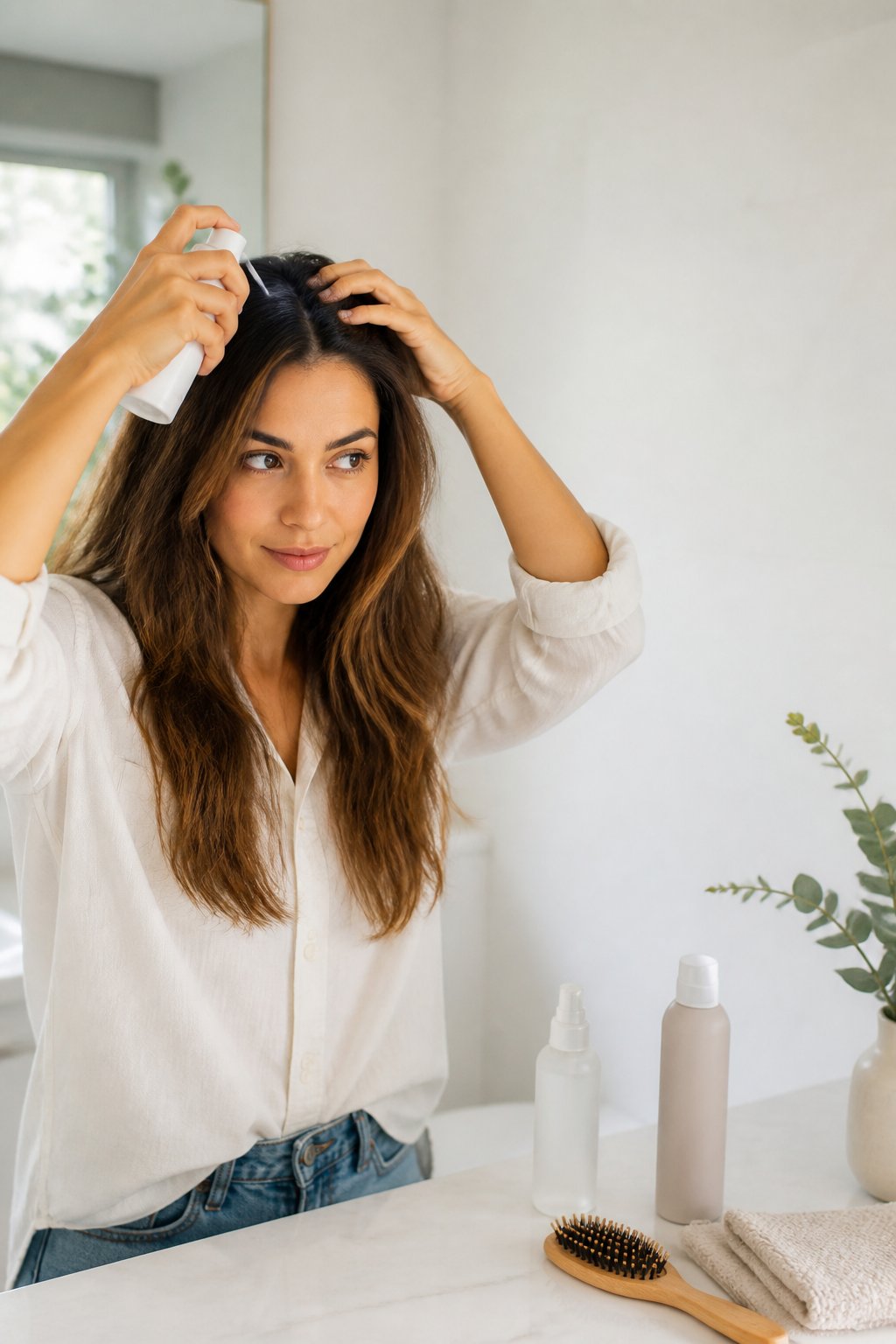 Use dry shampoo sparingly when your roots look oily between washes.