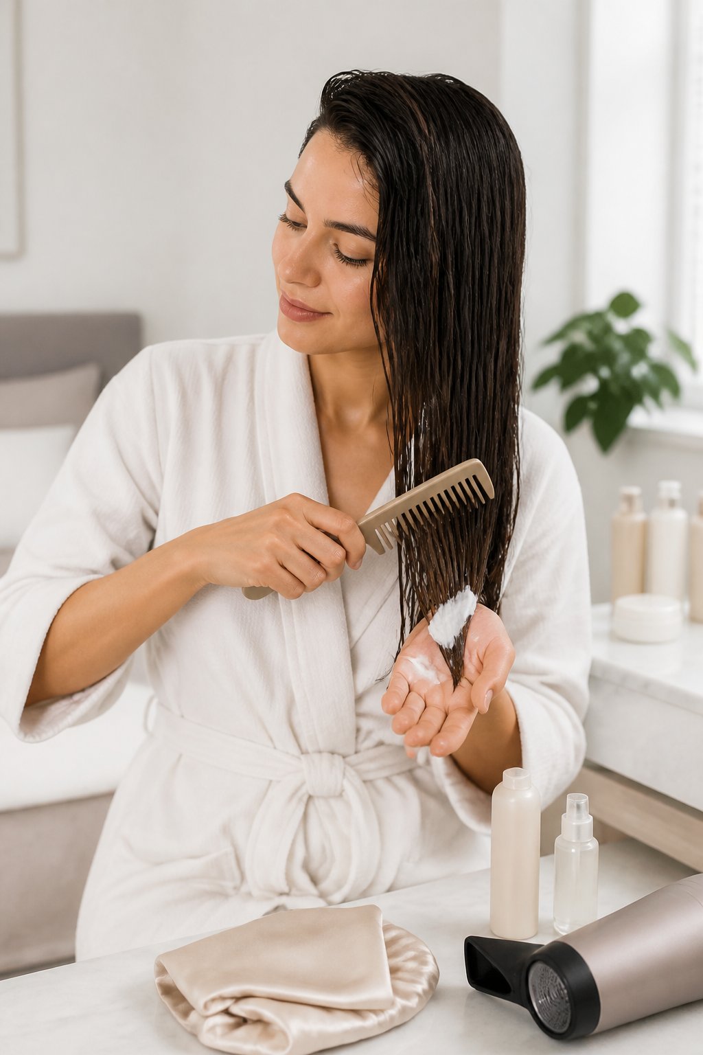 Refresh dry hair with a small amount of leave-in conditioner or a lightweight cream, concentrating on the mid-lengths and ends.