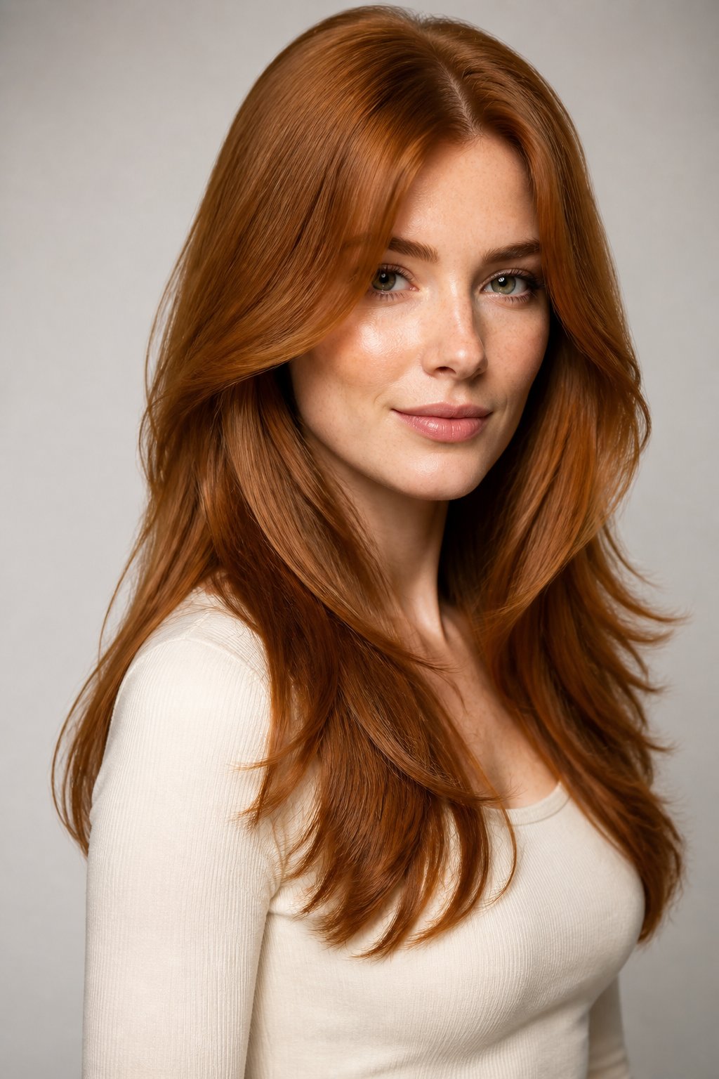 Long copper-red hair with center-parted face-framing bangs, flowing layers, and smooth loose waves.