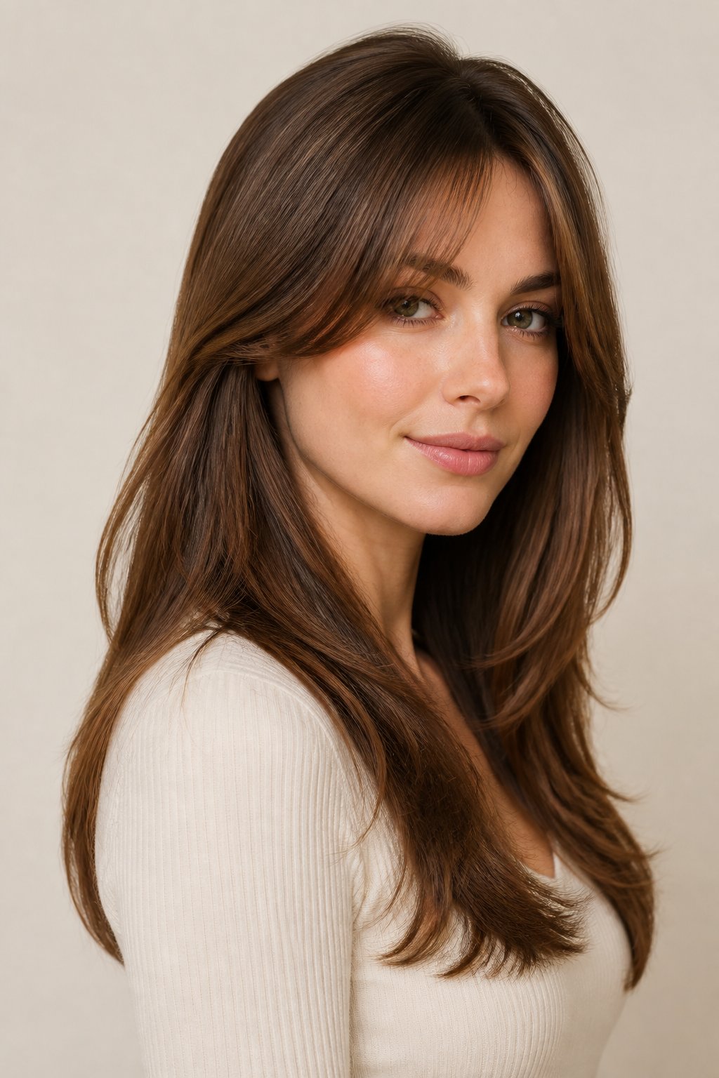 Woman with chestnut-brown long layers and softly center-parted curtain bangs framing the cheekbones.