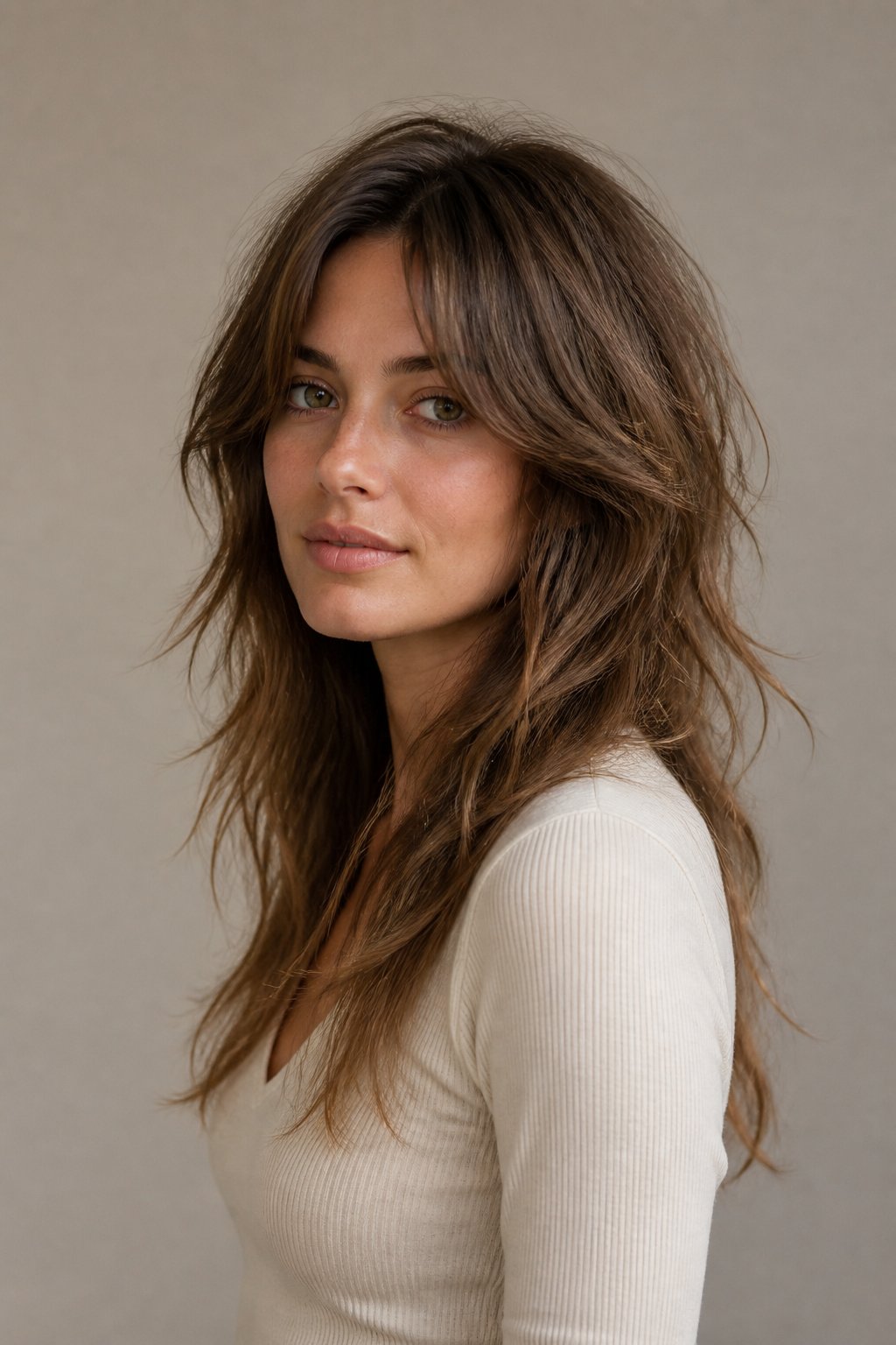 Woman with deep brunette long hair, airy curtain bangs, and softly textured shag-inspired layers around the face and ends.