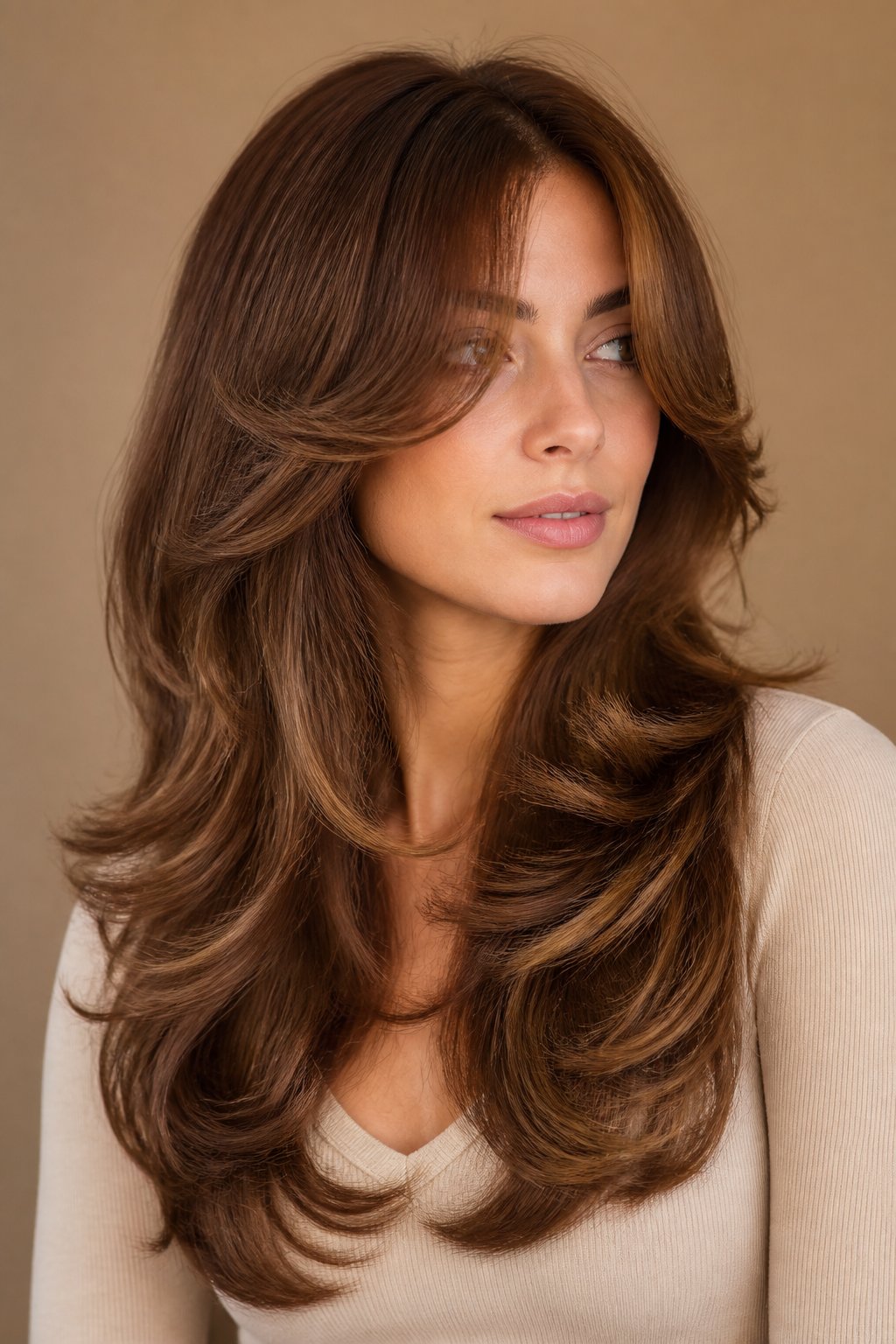 Woman with very full dark-brown long layers, center-parted curtain bangs, and a smooth voluminous blowout.
