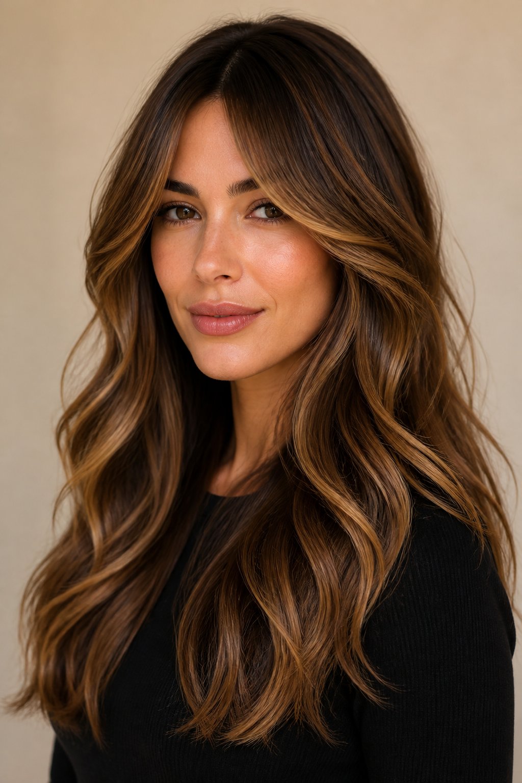 Woman with long brunette-to-caramel balayage hair, voluminous layers, and center-parted curtain bangs.