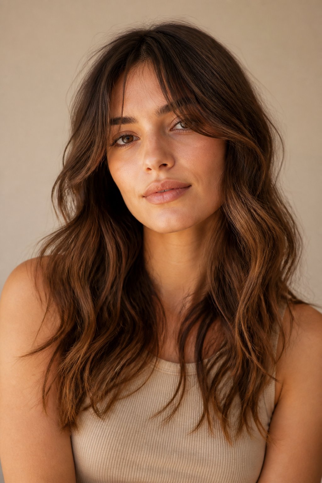 Woman with long brown hair, soft loose waves, subtle lighter ends, and wispy curtain bangs framing the eyes.