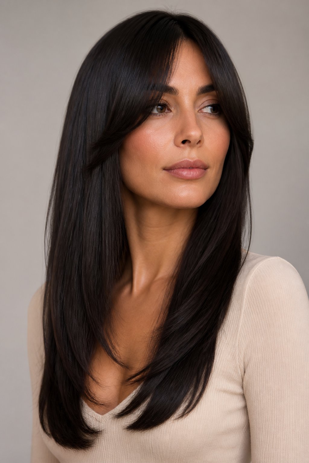 Woman with sleek dark brunette long hair, gentle long layers, and curtain bangs that blend into the cheekbone-length front pieces.