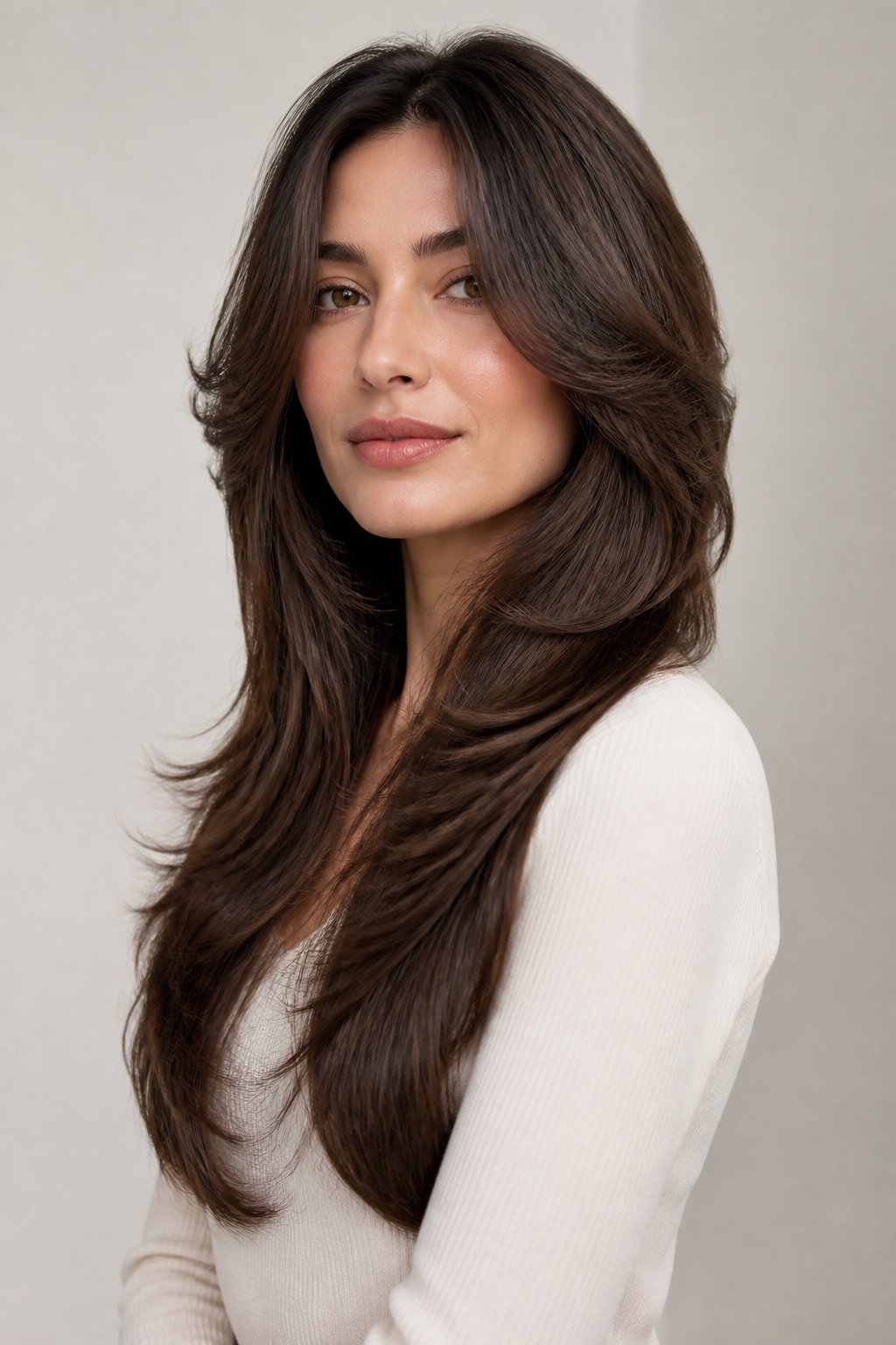 Woman with long warm-brown butterfly layers, lifted face-framing pieces, and soft curtain bangs styled away from the face.
