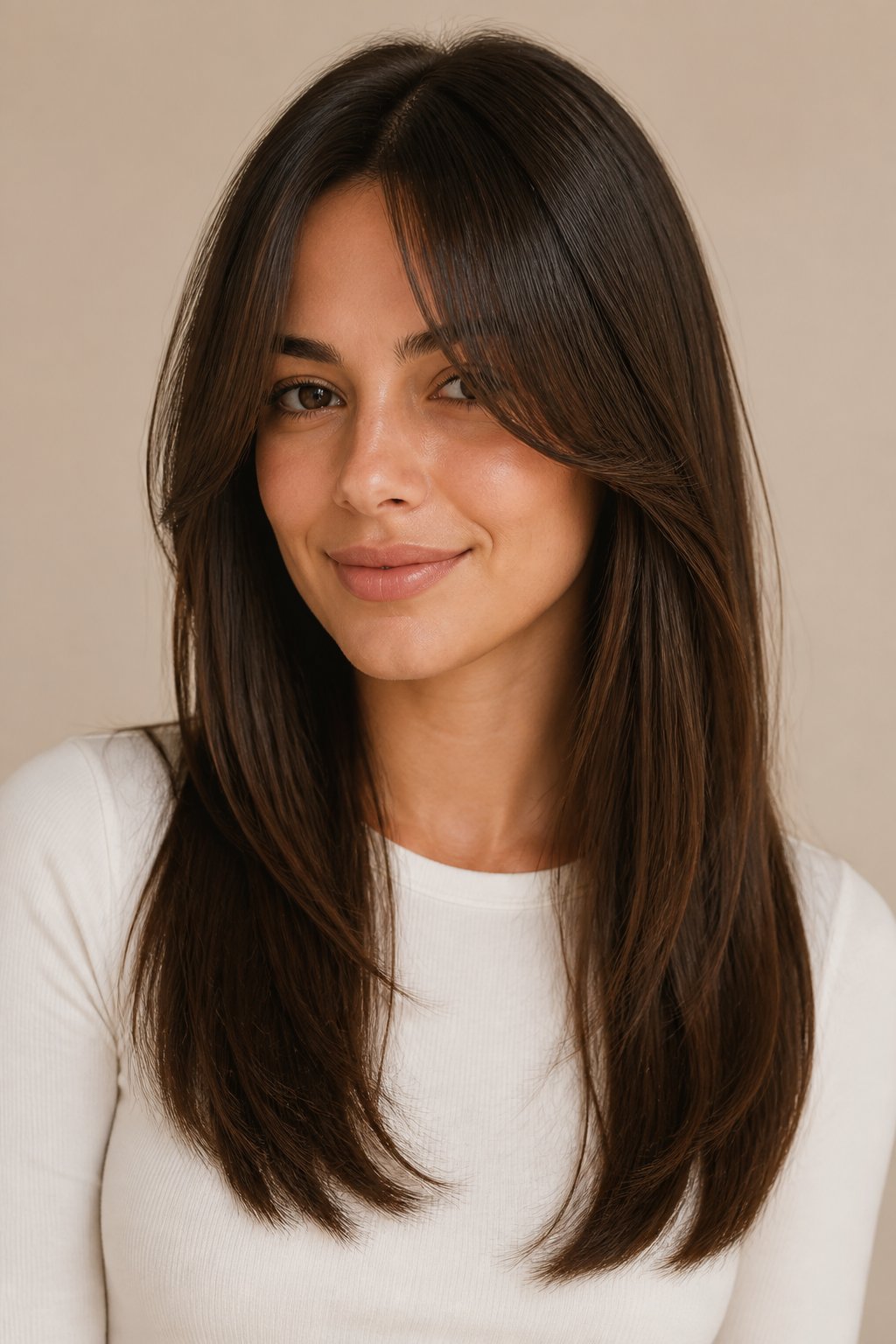 Woman with long dark-brown straight hair, subtle curved layers at the ends, and soft curtain bangs parted at the center.