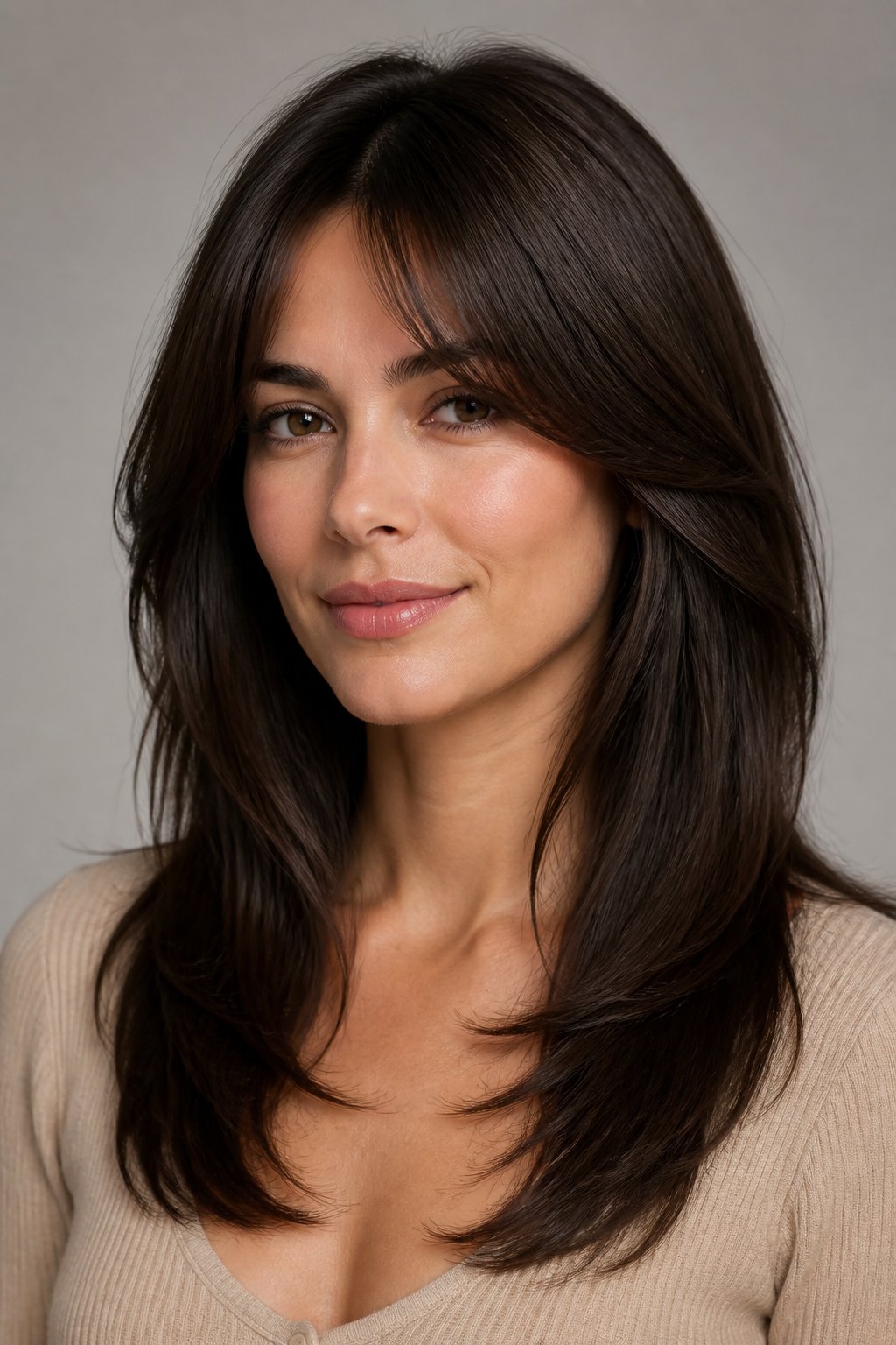 Woman with deep brunette long hair, smooth face-framing layers, and wispy curtain bangs that softly separate over the forehead.