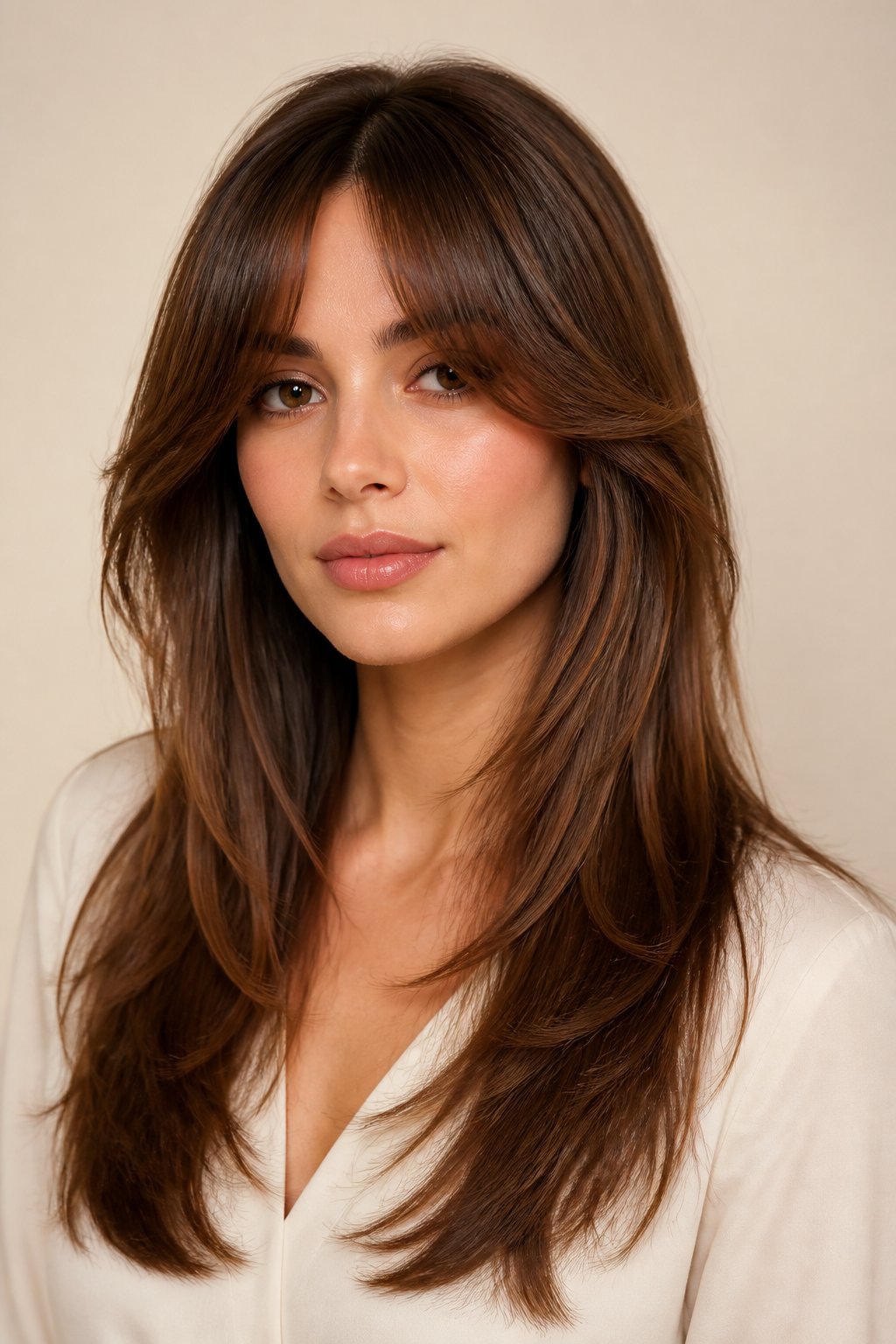 Side-view woman with warm brunette feathered long layers and soft curtain bangs, showing how the outer fringe blends into face-framing layers.