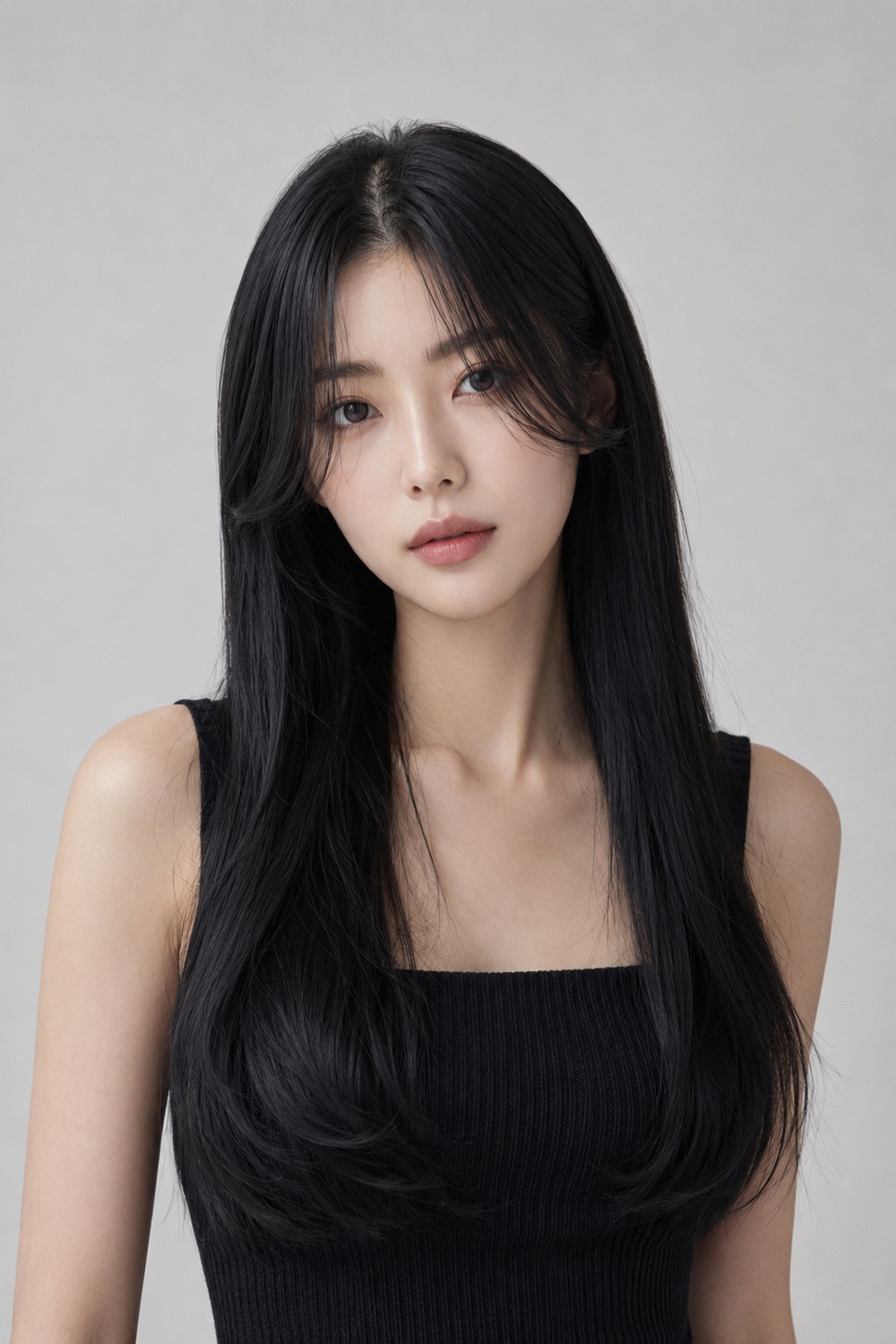 Very long straight black hair with sleek curtain bangs, subtle face-framing pieces, and glossy U-shaped ends.
