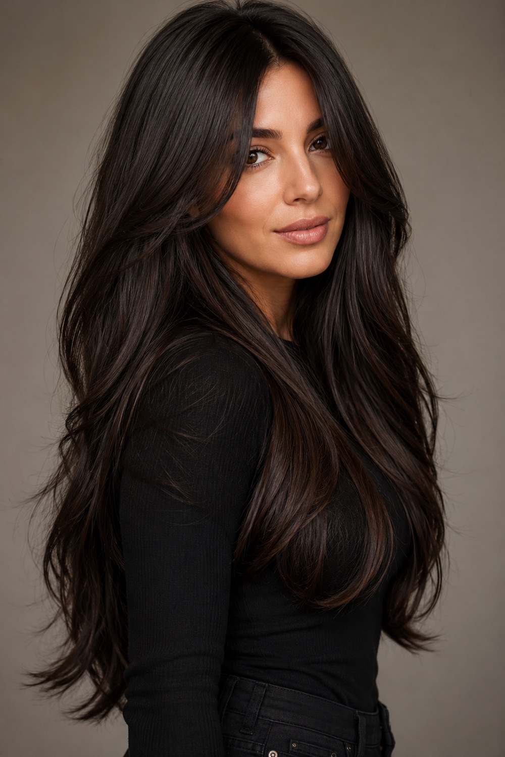 Very thick espresso hair with cheekbone-length curtain bangs, internal layers, and smooth flowing movement.