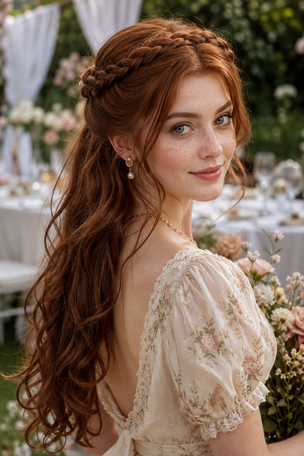 Vintage-inspired half-up hairstyle with two braids crossed over the crown.