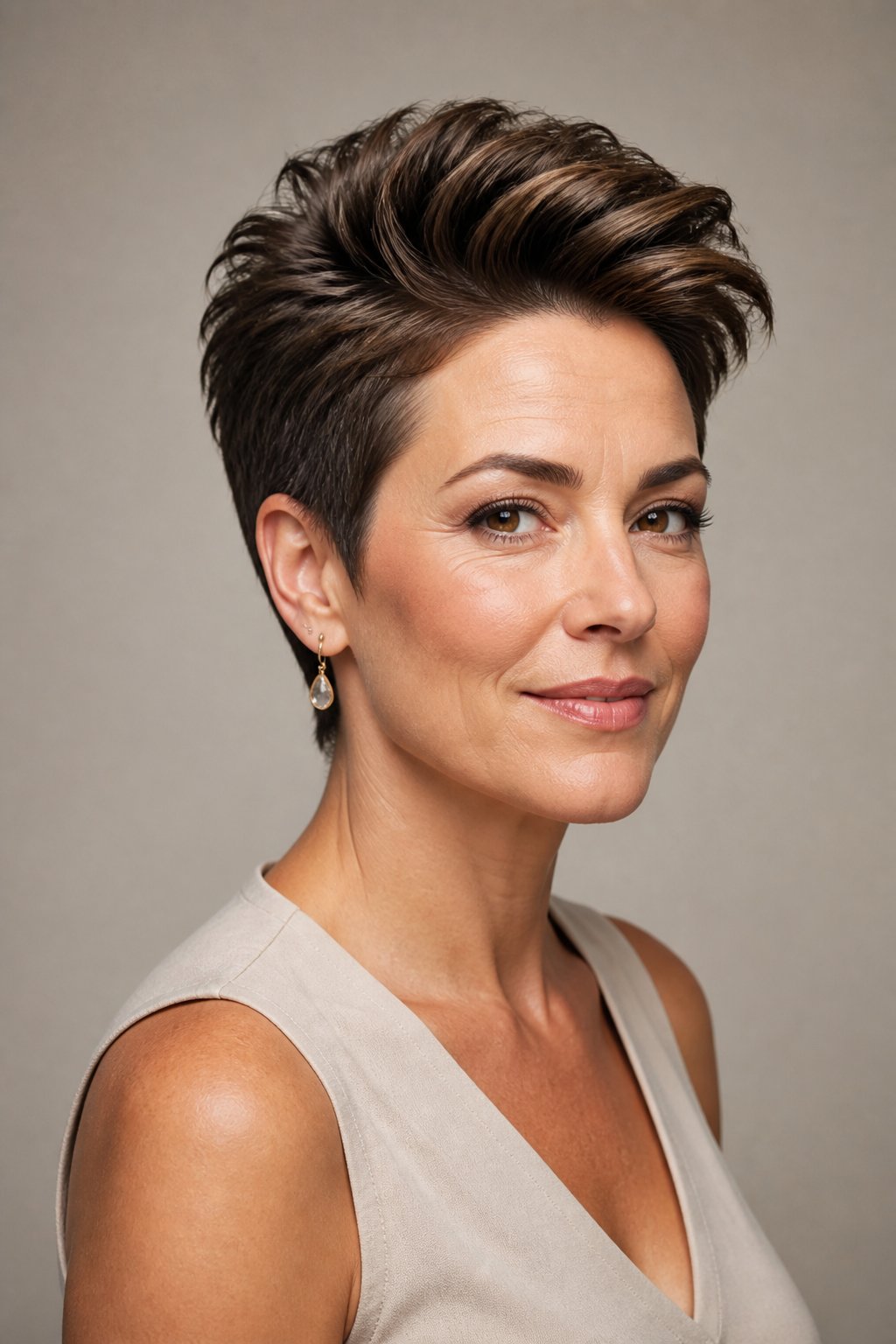 Volume-top pixie haircut with dramatic height at the crown and sleek close-cropped sides.