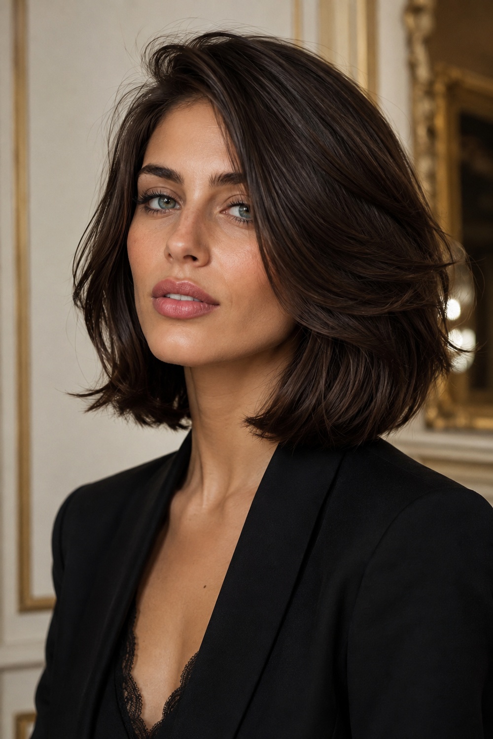 Voluminous Italian bob with lifted roots, rounded ends, and full-bodied movement.