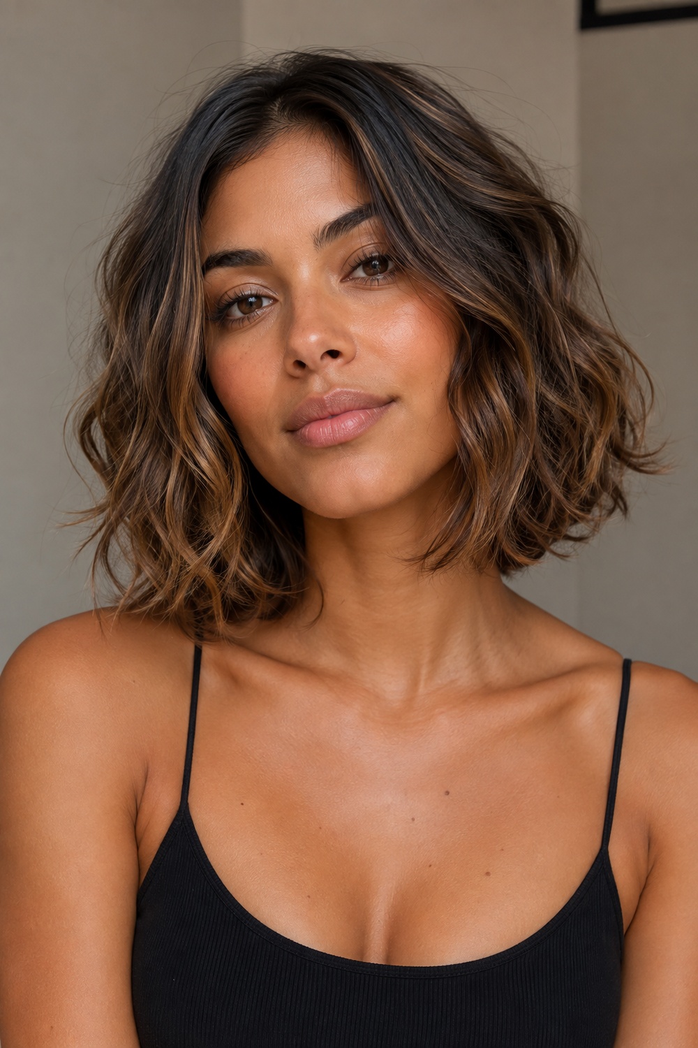 Wavy Italian bob with soft relaxed waves and an effortless polished finish.