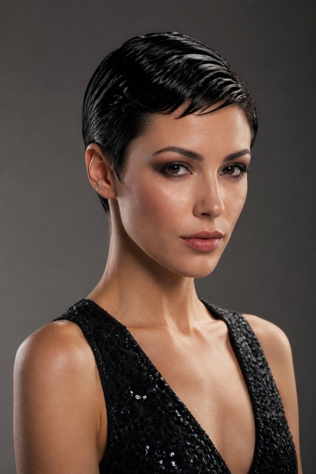 Wet-look pixie haircut styled close to the scalp with a sleek glossy high-shine gel finish.
