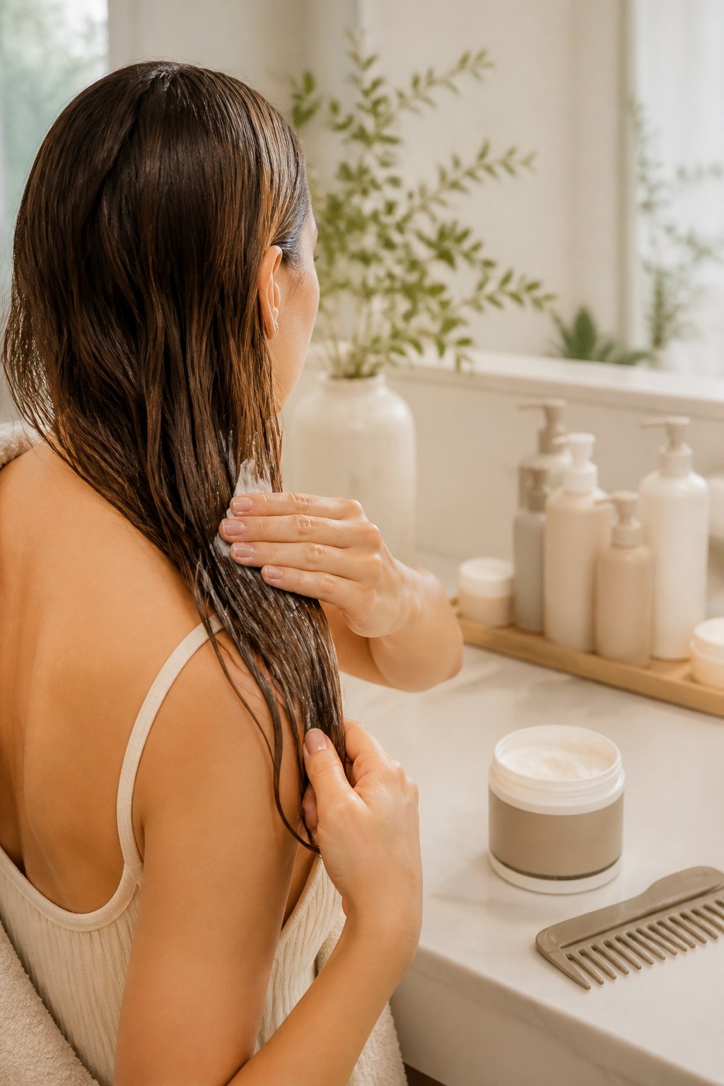 Woman applying a lightweight deep-conditioning or bond-care treatment through the mid-lengths and ends of her hair.