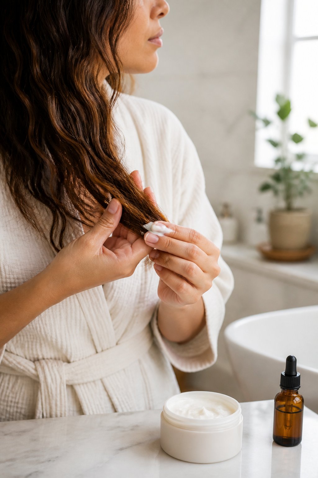 Woman applying a small amount of leave-in moisturizer to the lengths and ends of her hair.