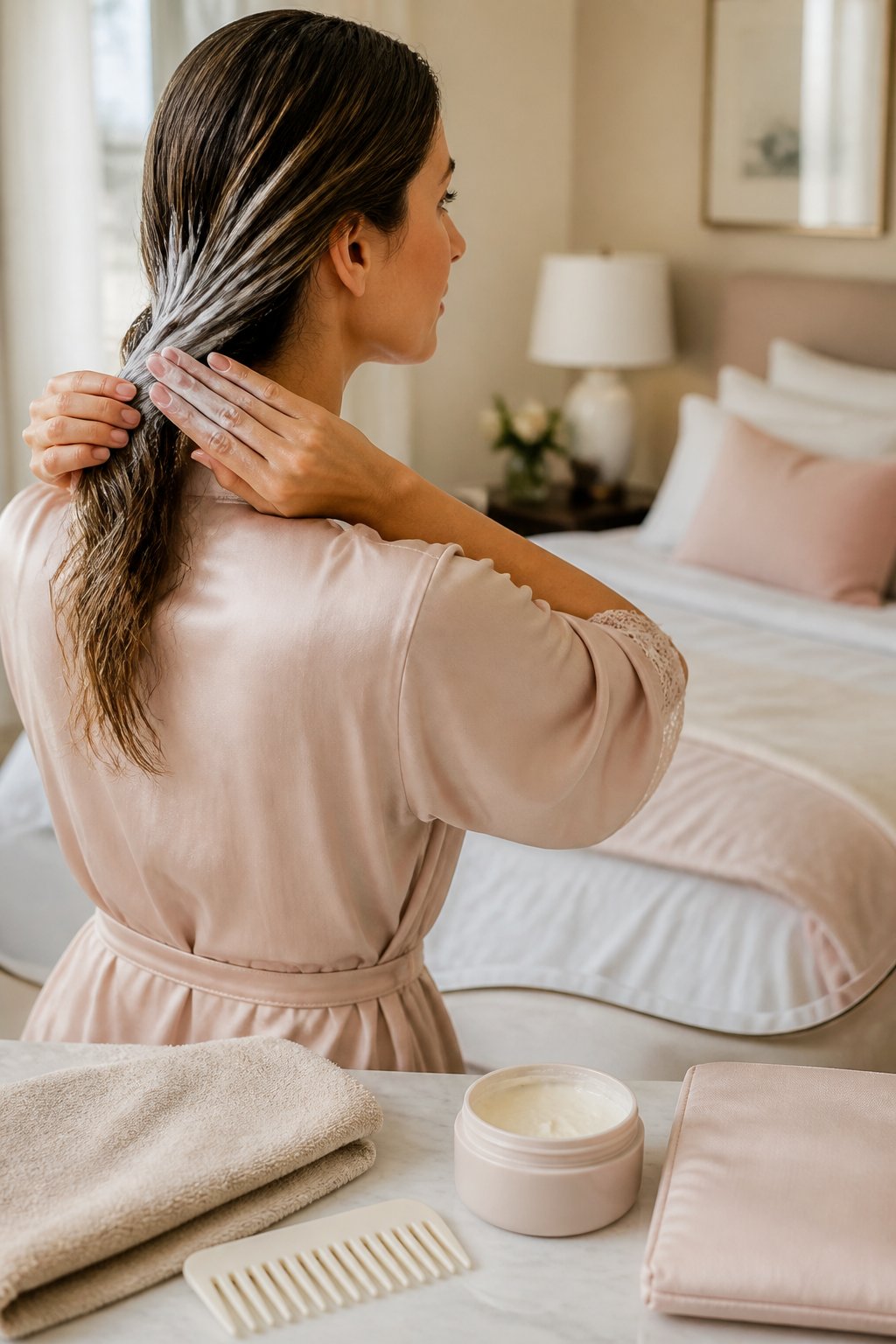 Woman applying an overnight mask to dry or damaged hair from the mid-lengths to the ends.