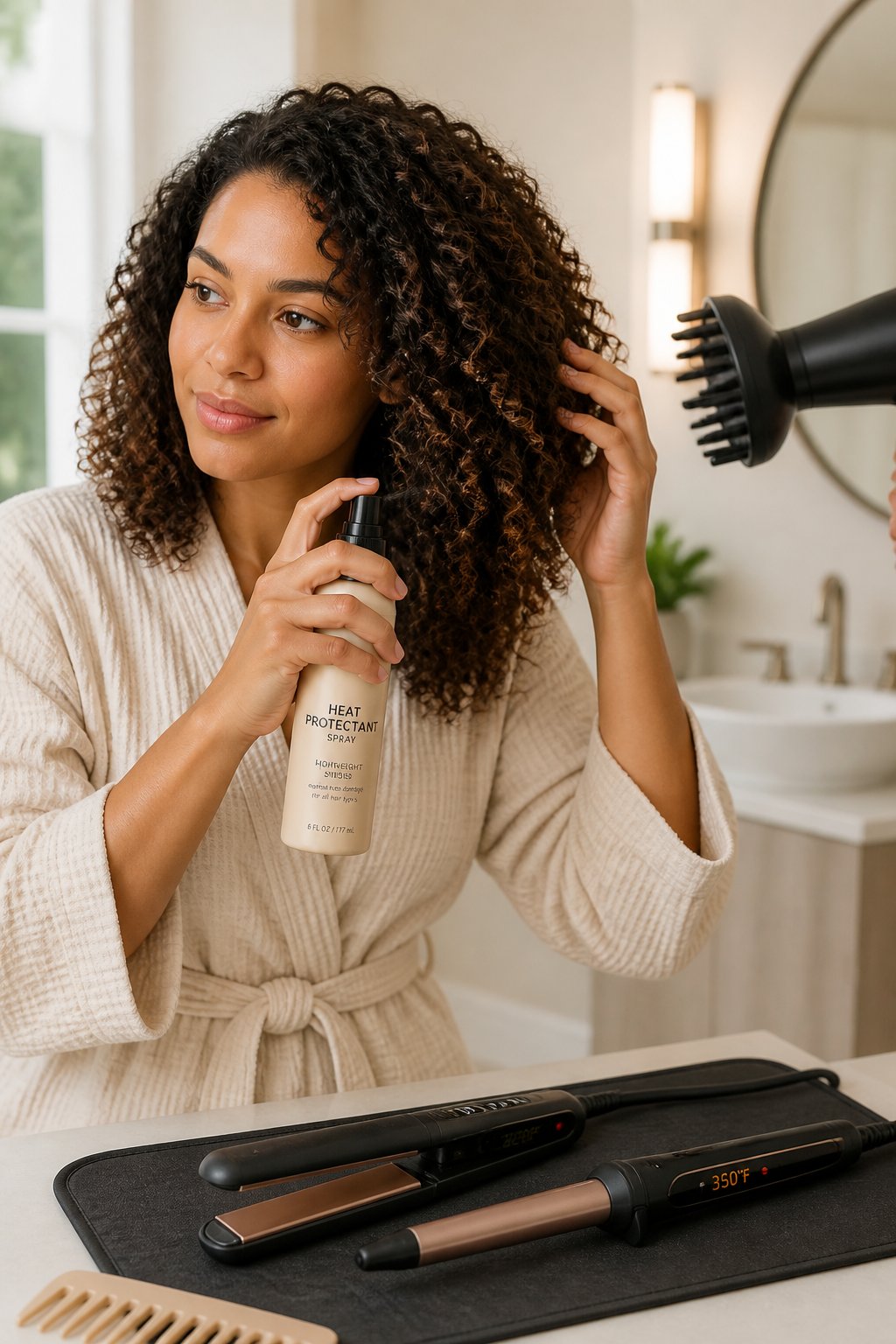 Woman applying heat protectant before using a flat iron and other hot styling tools.
