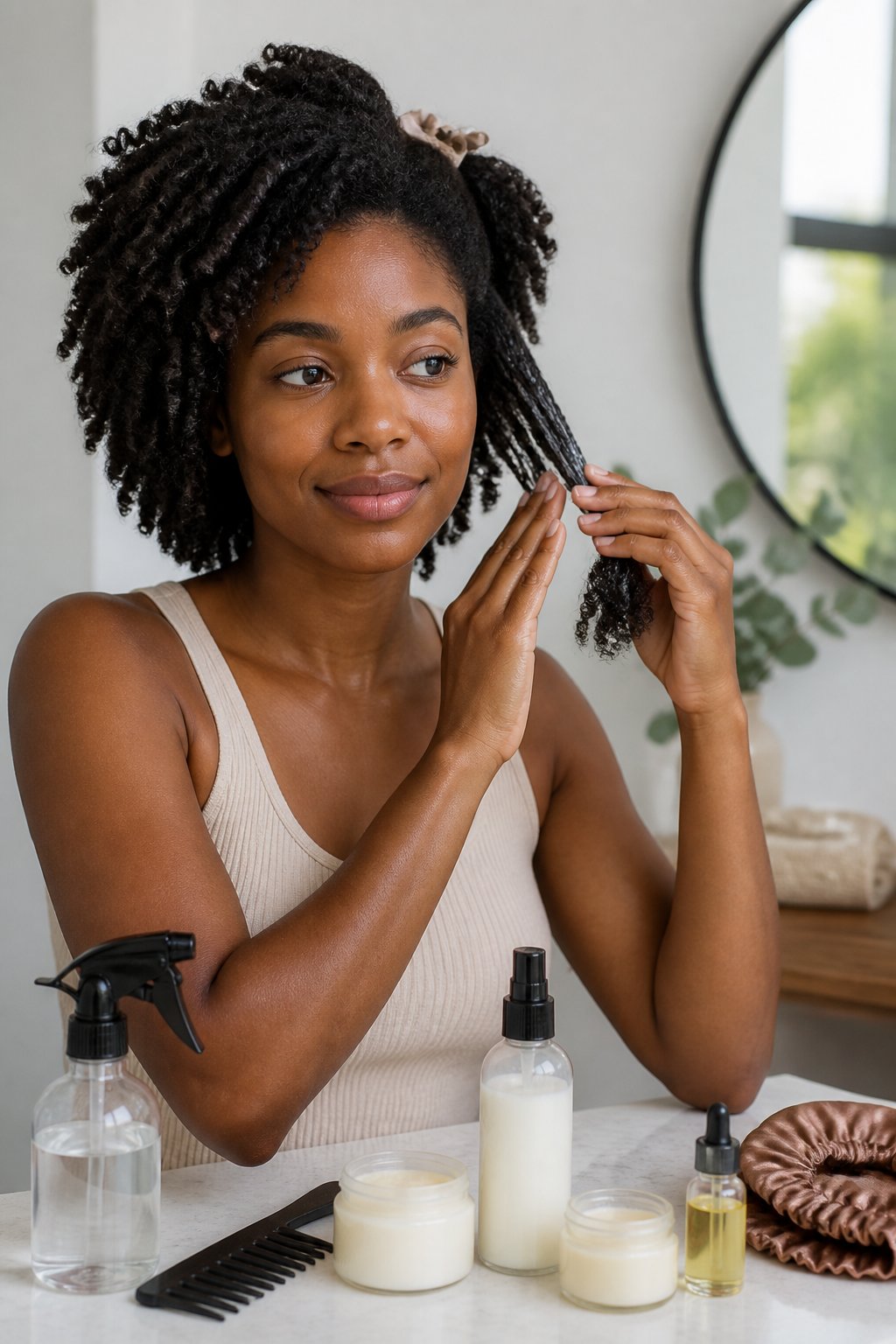 Woman applying rich leave-in moisture to coily hair beside curl creams, oils, and a spray bottle.