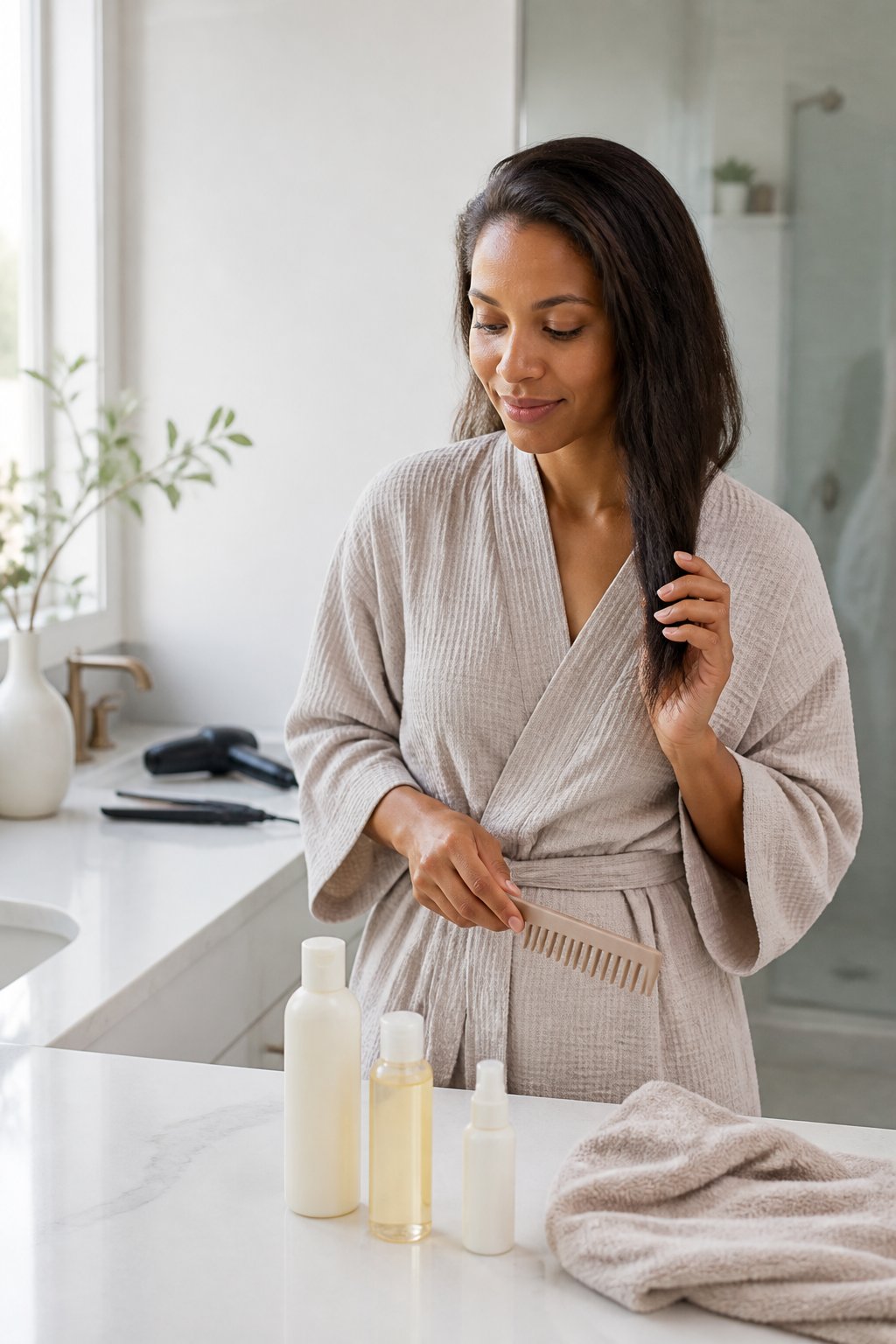 Woman checking the condition of her hair beside lightweight products while adjusting her routine for limp or brittle strands.