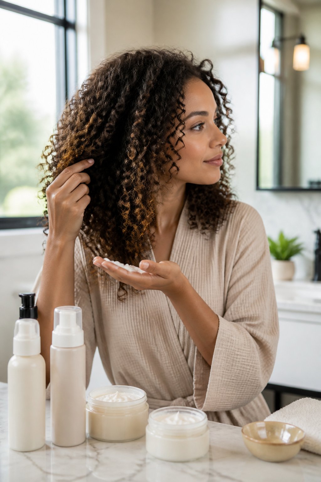 Woman checking the texture and hold of her curls beside lightweight and rich styling products.