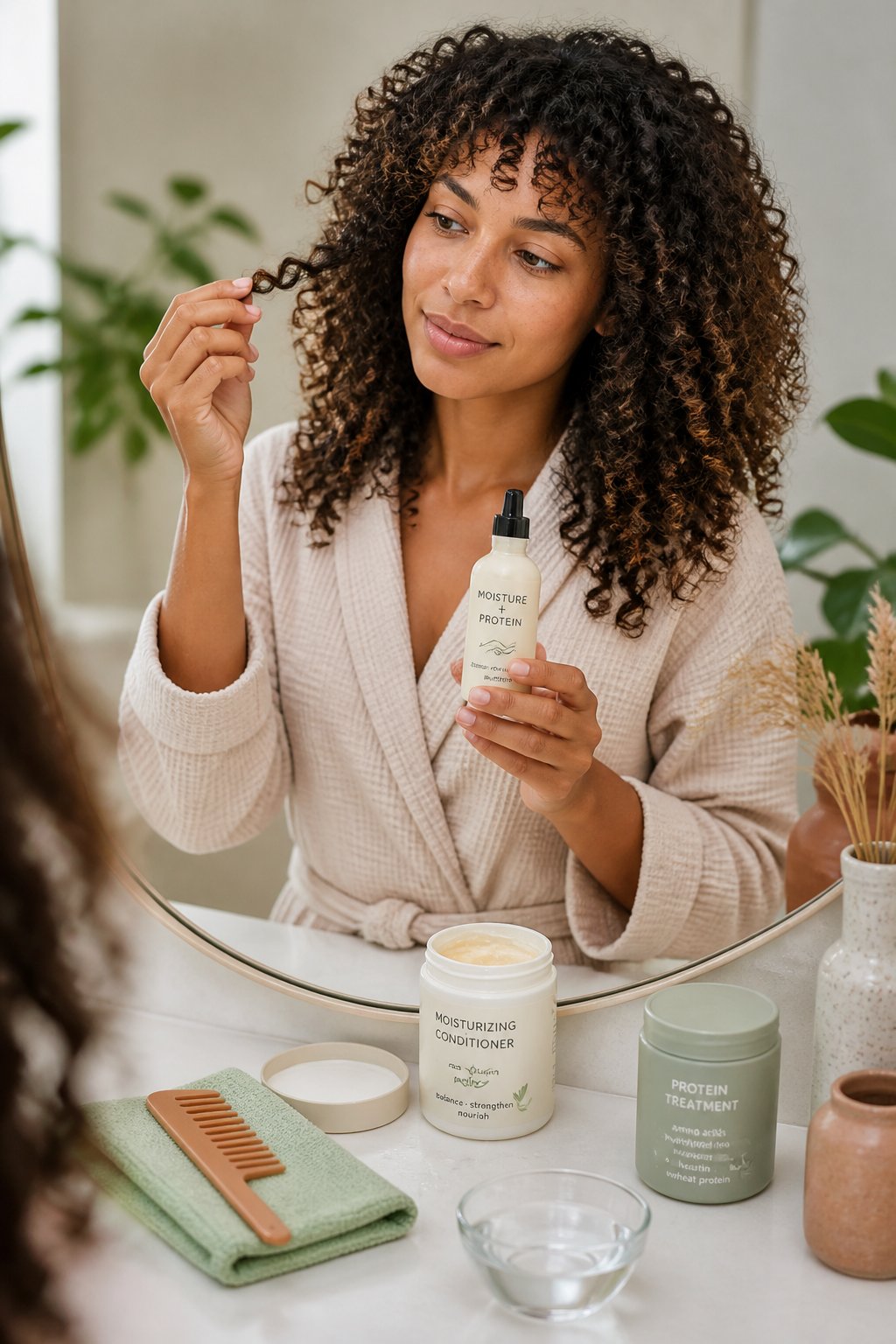Woman comparing moisturizing and protein-rich treatments beside jars of curly hair products.