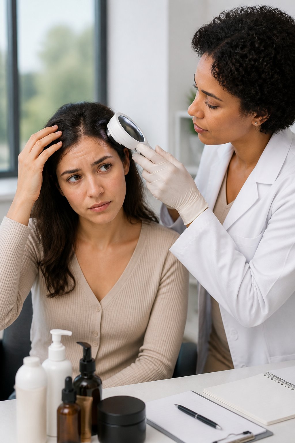 Woman consulting a dermatologist about persistent scalp symptoms and hair loss.