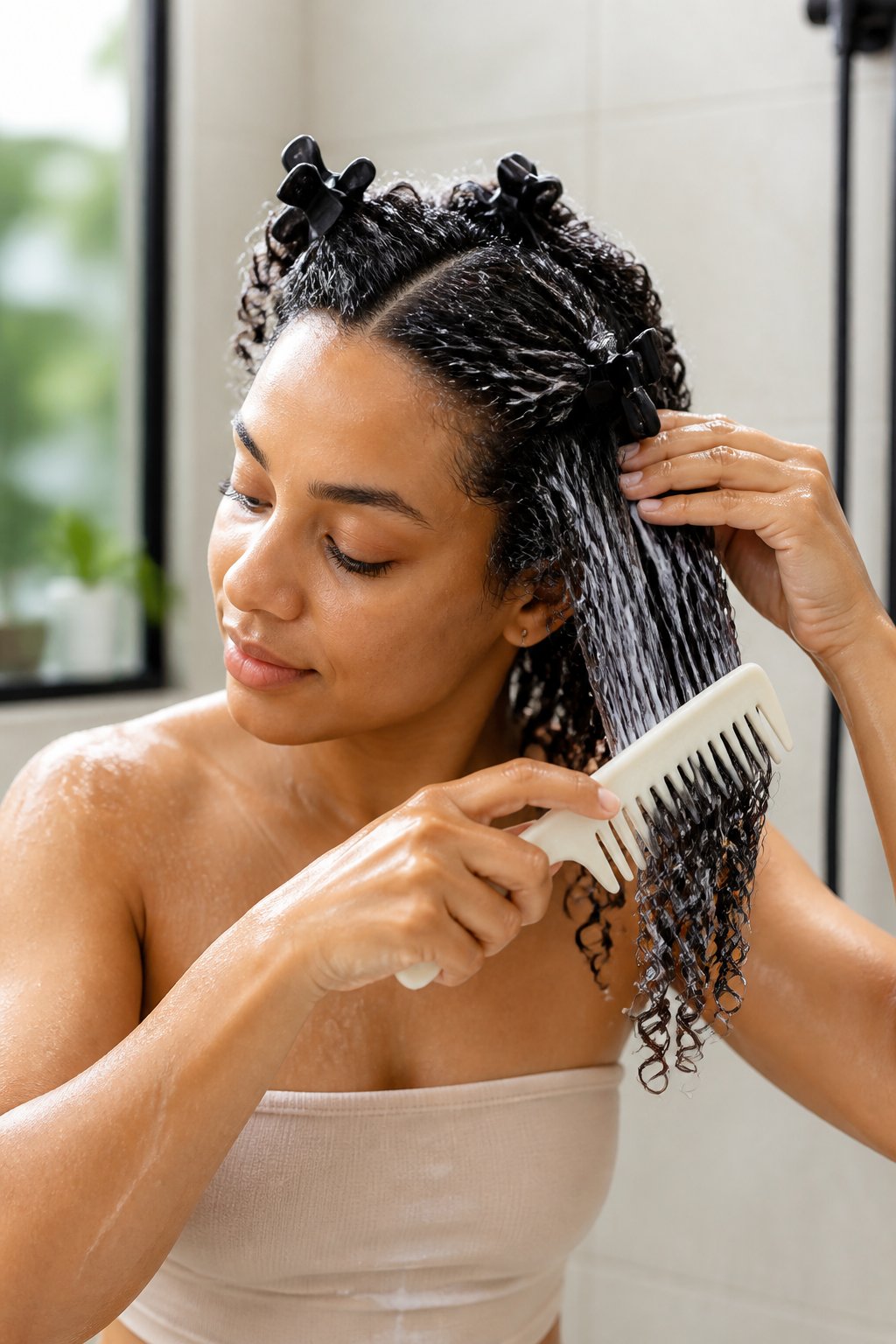 Woman detangling wet curly hair in sections with a wide-tooth comb while conditioner provides slip.