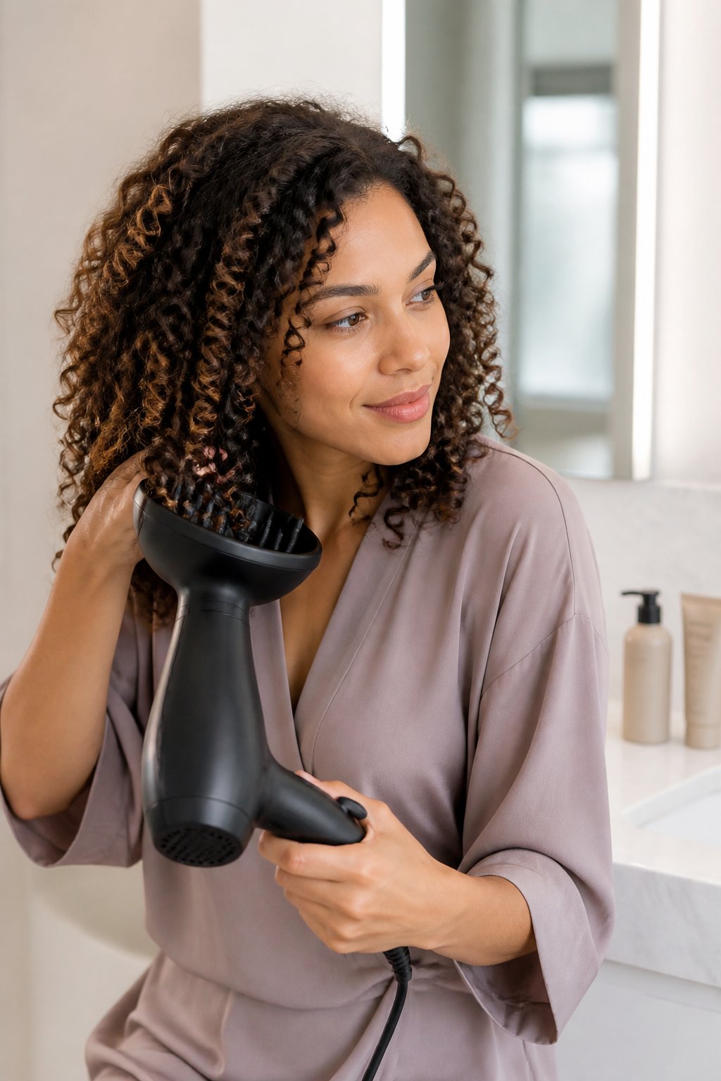 Woman drying curly hair with a diffuser attachment using low heat and low airflow.