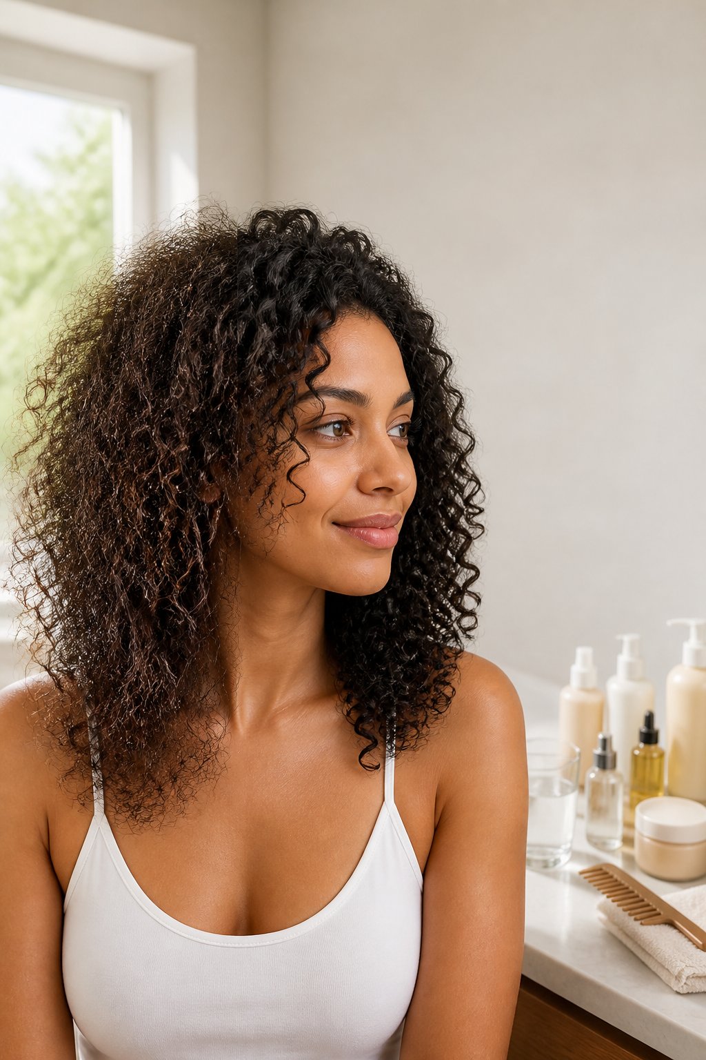 Woman examining her curls beside hair products to identify dryness versus product buildup.
