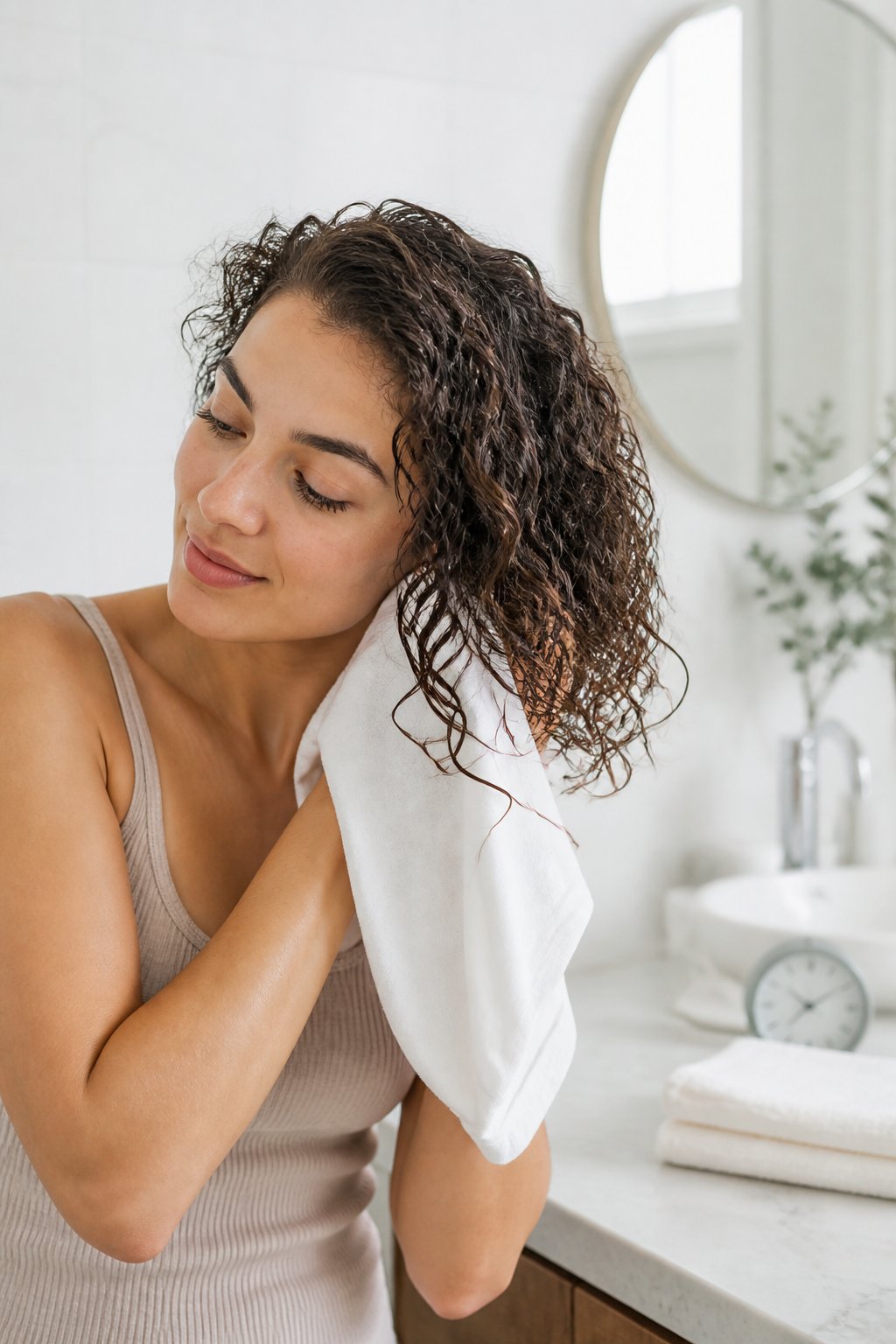 Woman gently blotting wet curly hair with a soft cotton T-shirt to reduce friction and frizz.