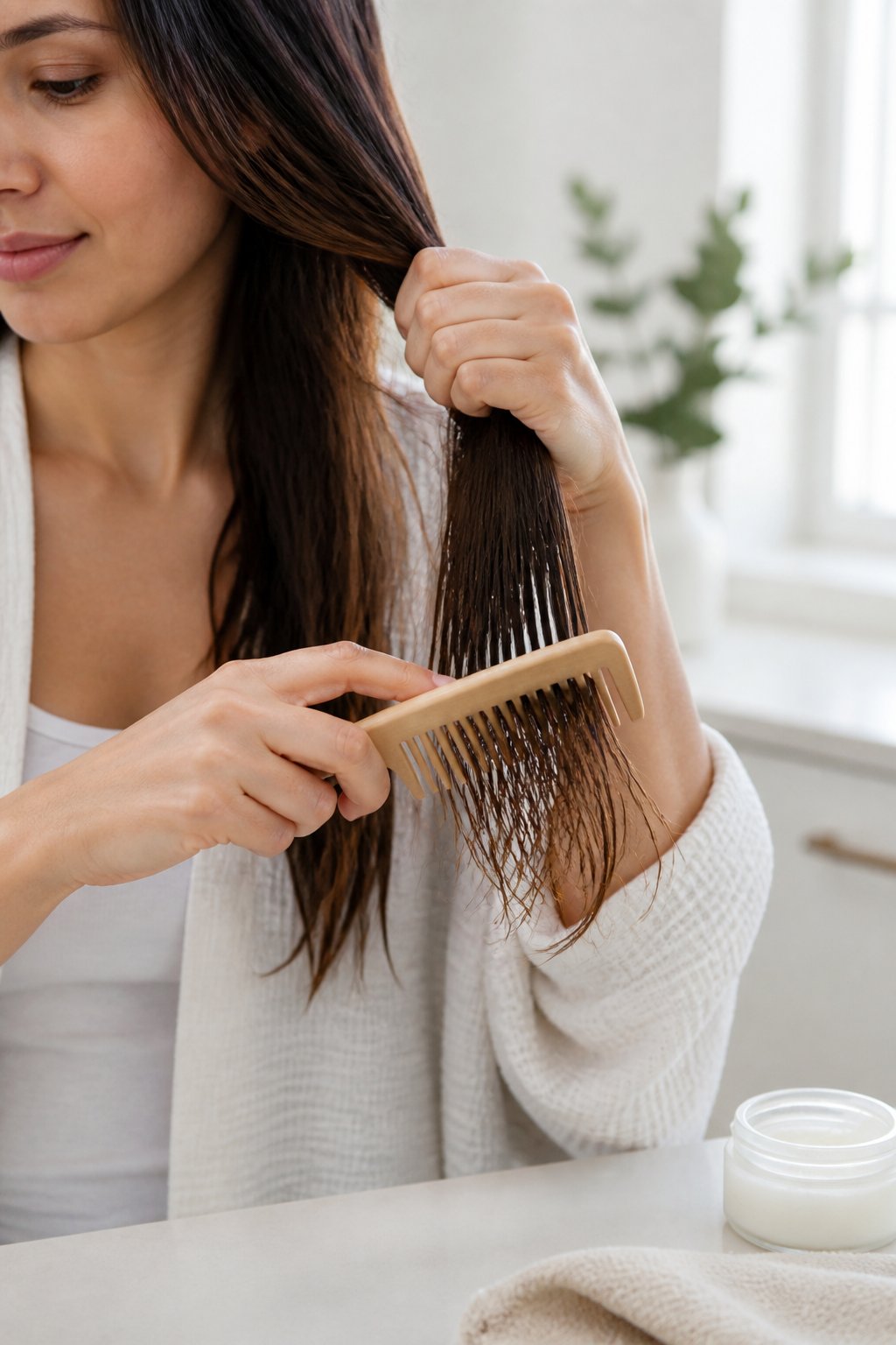 Woman gently detangling long hair from the ends upward with a wide-tooth comb.