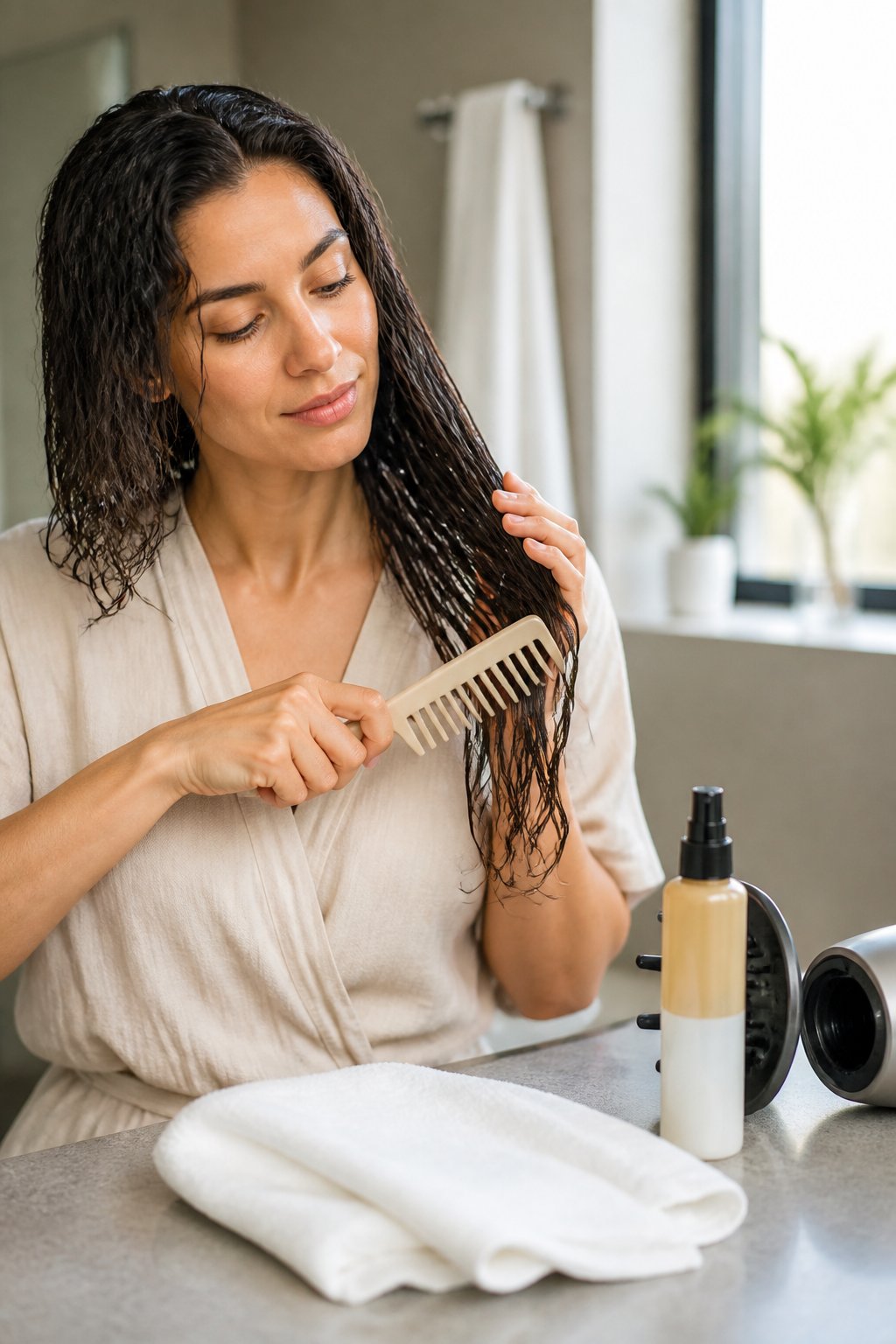 Woman gently detangling wet hair with a wide-tooth comb while supporting the strands to reduce breakage.