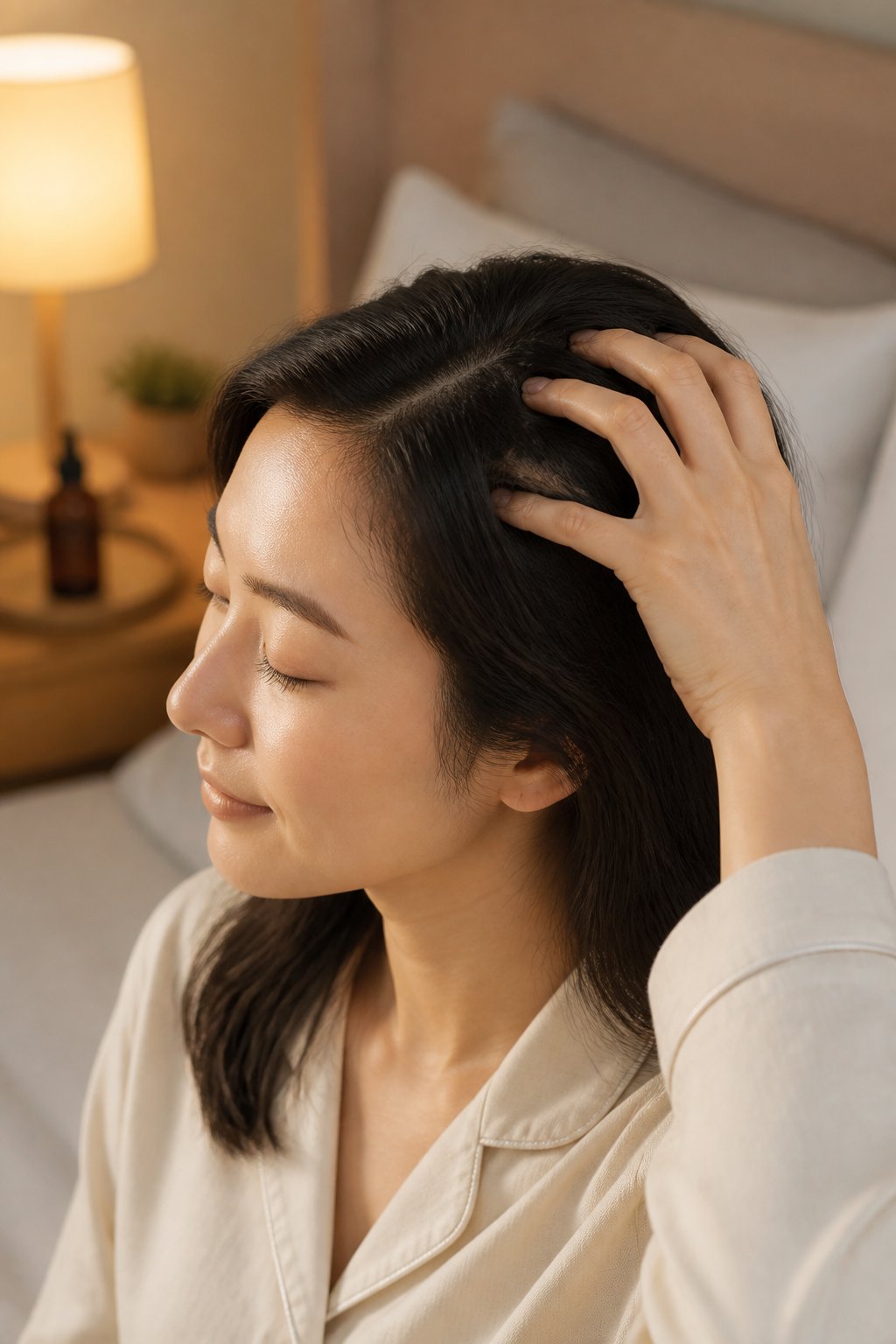 Woman gently massaging her scalp with the pads of her fingertips before bed.