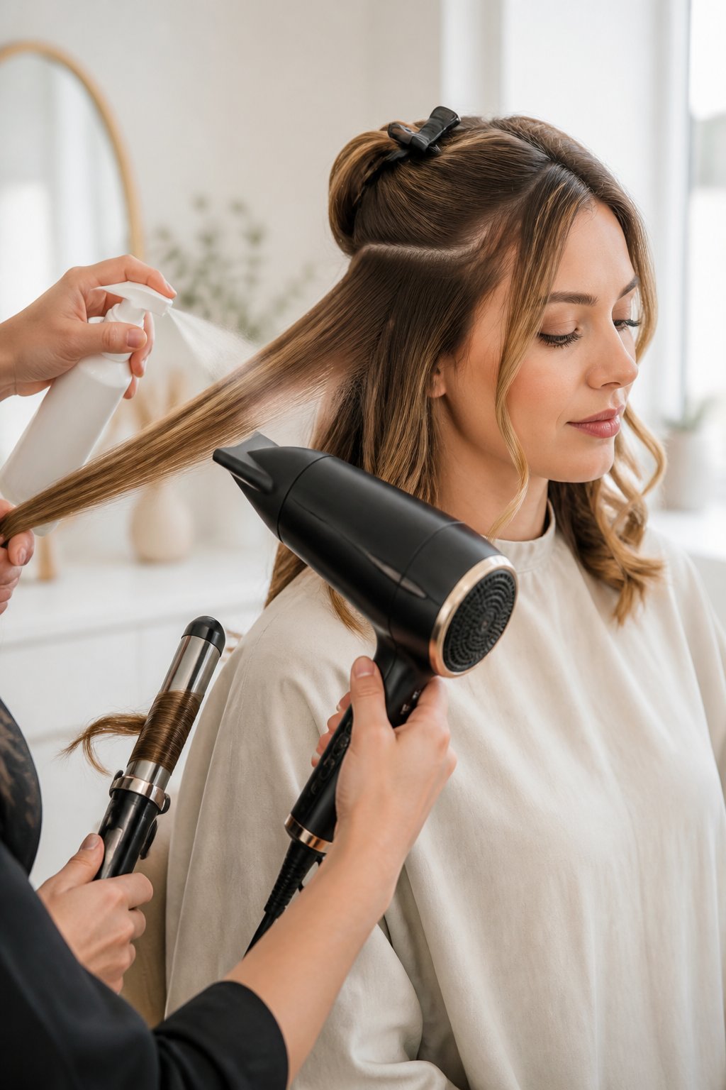 Woman heat-styling fine hair in sections with a blow dryer and curling tool while protecting the strands from excess heat.