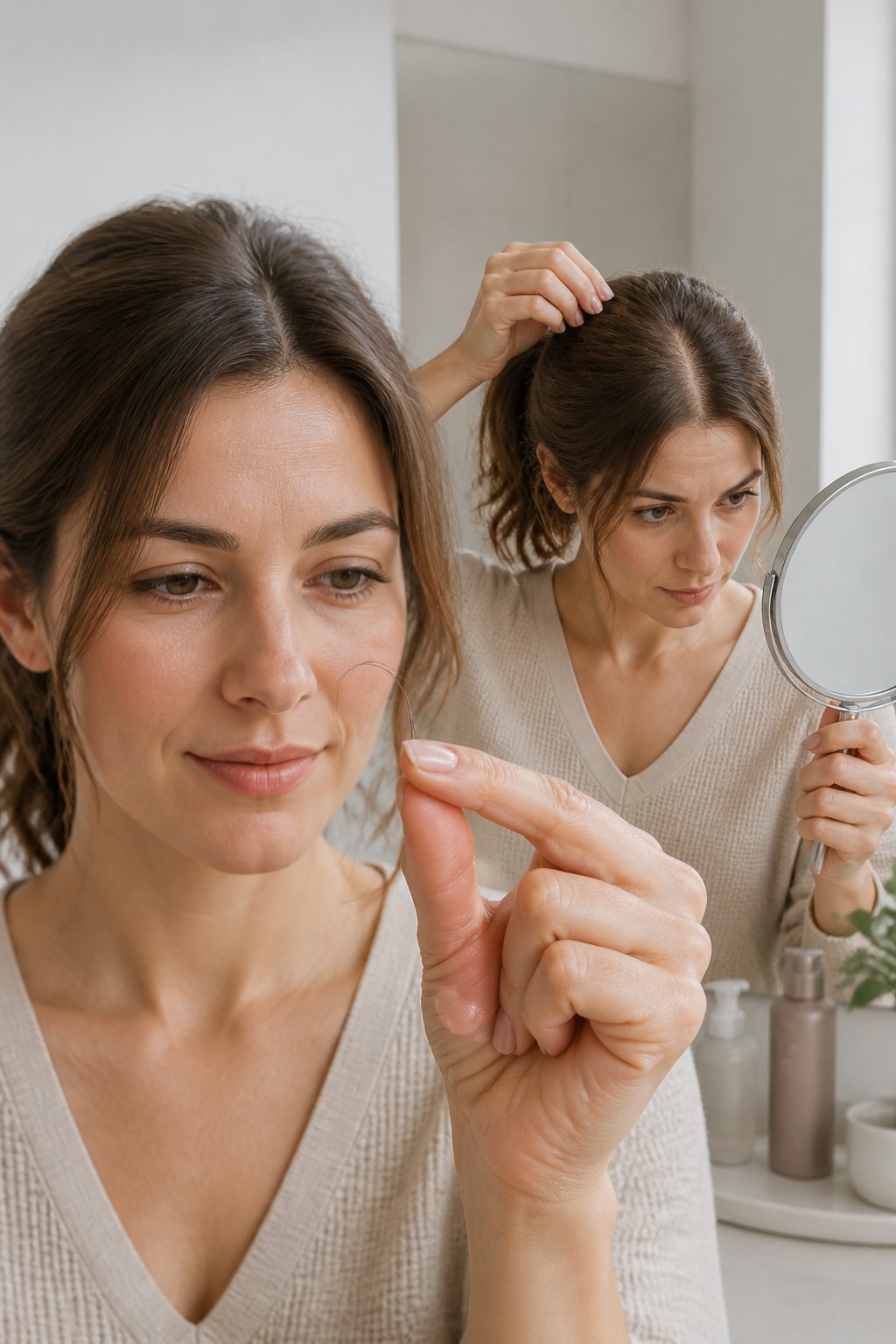 Woman holding a single fine hair strand while checking her part and crown in a mirror for hair density.