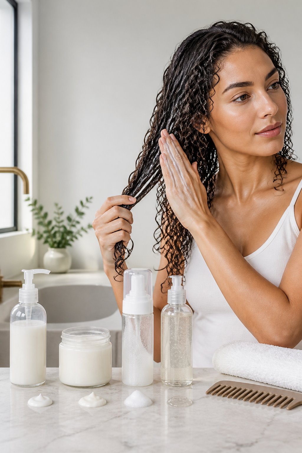 Woman layering leave-in conditioner and styling product through wet curls with her hands.