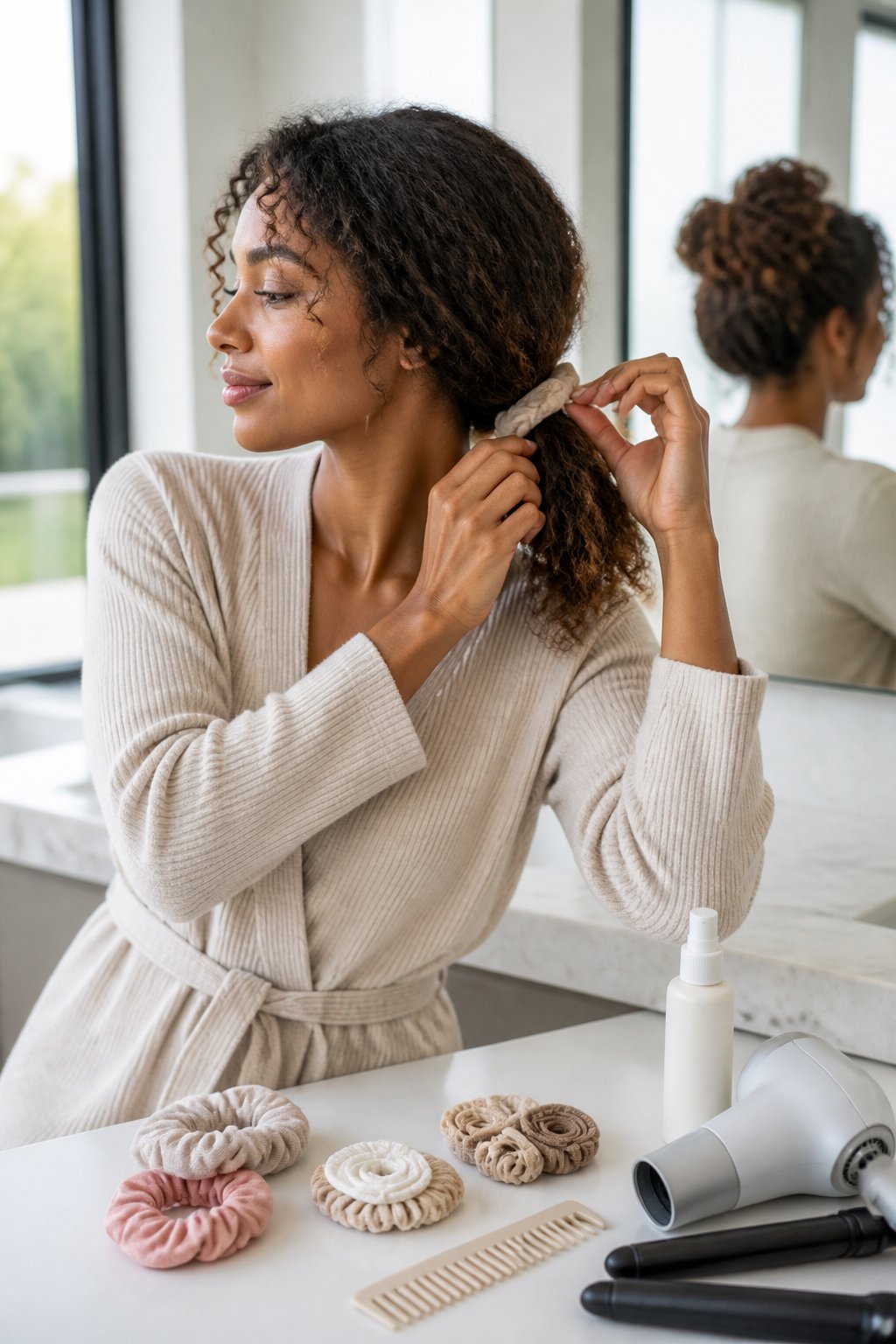Woman loosening a soft hair tie from her hair, with low-tension accessories arranged nearby.
