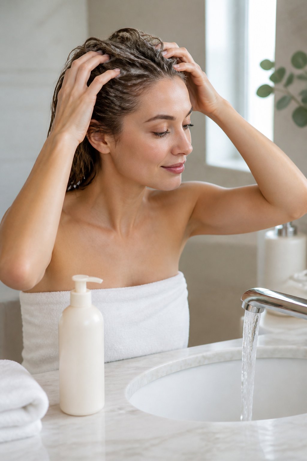 Woman massaging volumizing shampoo into her scalp while washing fine hair in a bright bathroom.