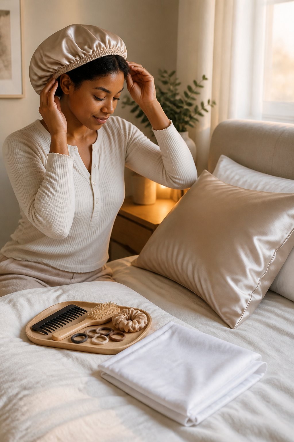 Woman protecting her hair from pillow friction with smooth satin bedding.
