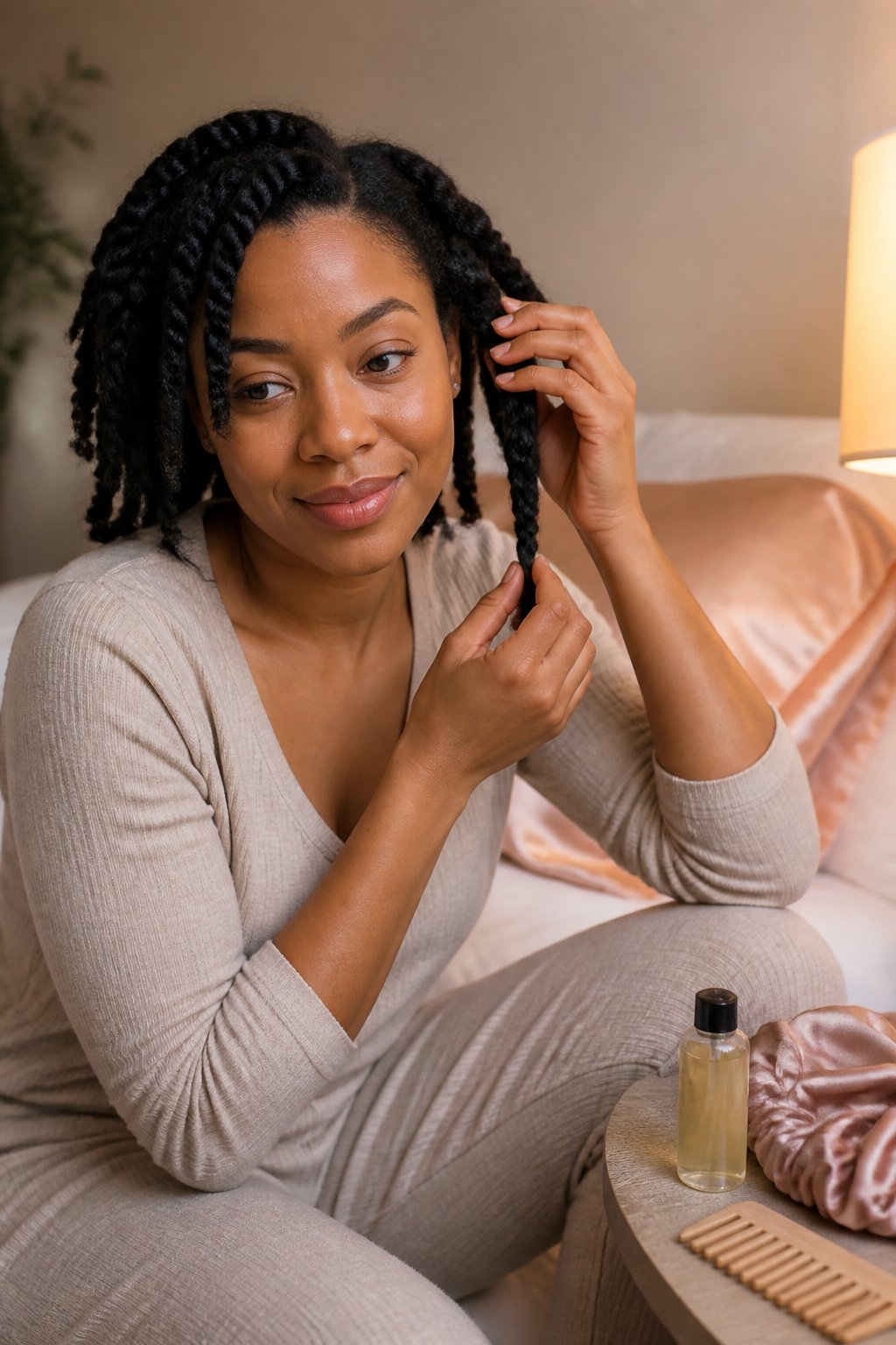 Woman protecting natural hair, braids, or twists with a satin covering at night.