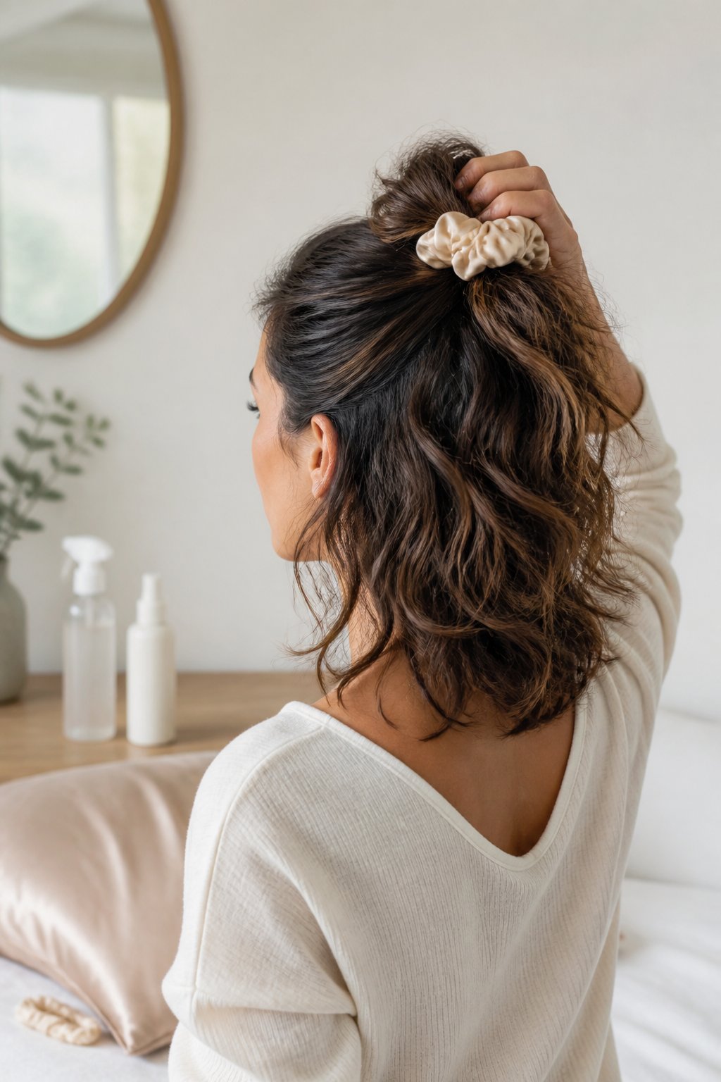 Woman protecting wavy hair overnight with a loose pineapple hairstyle.