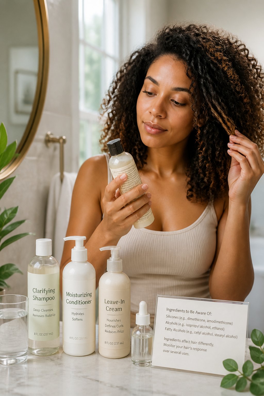 Woman reading product labels to choose ingredients suitable for her curly hair routine.