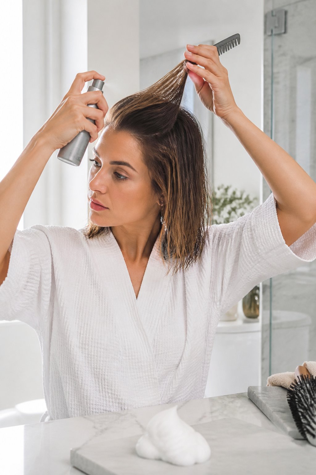Woman sectioning fine hair with a comb while applying a lightweight volumizing product directly at the roots.
