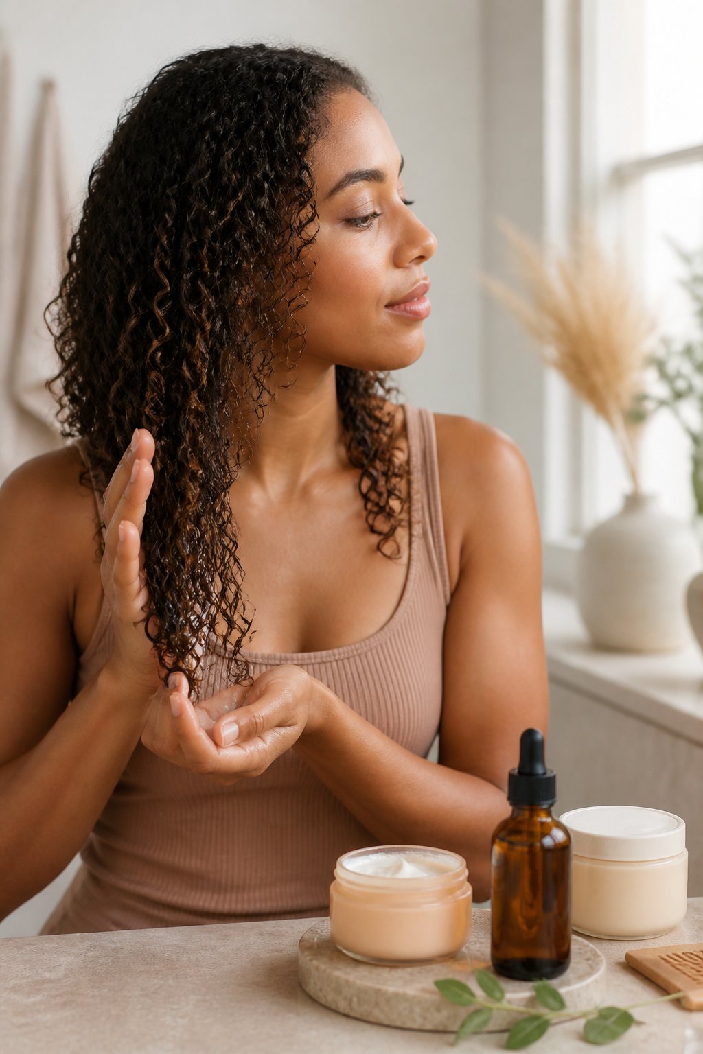 Woman smoothing a small amount of emollient oil onto the ends of her damp curly hair.