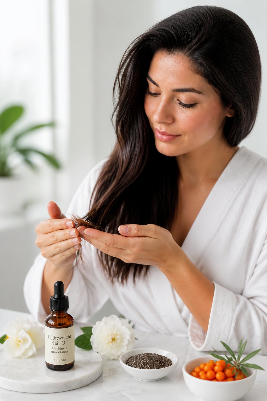 Woman smoothing a small amount of lightweight hair oil or serum over the ends of fine hair.