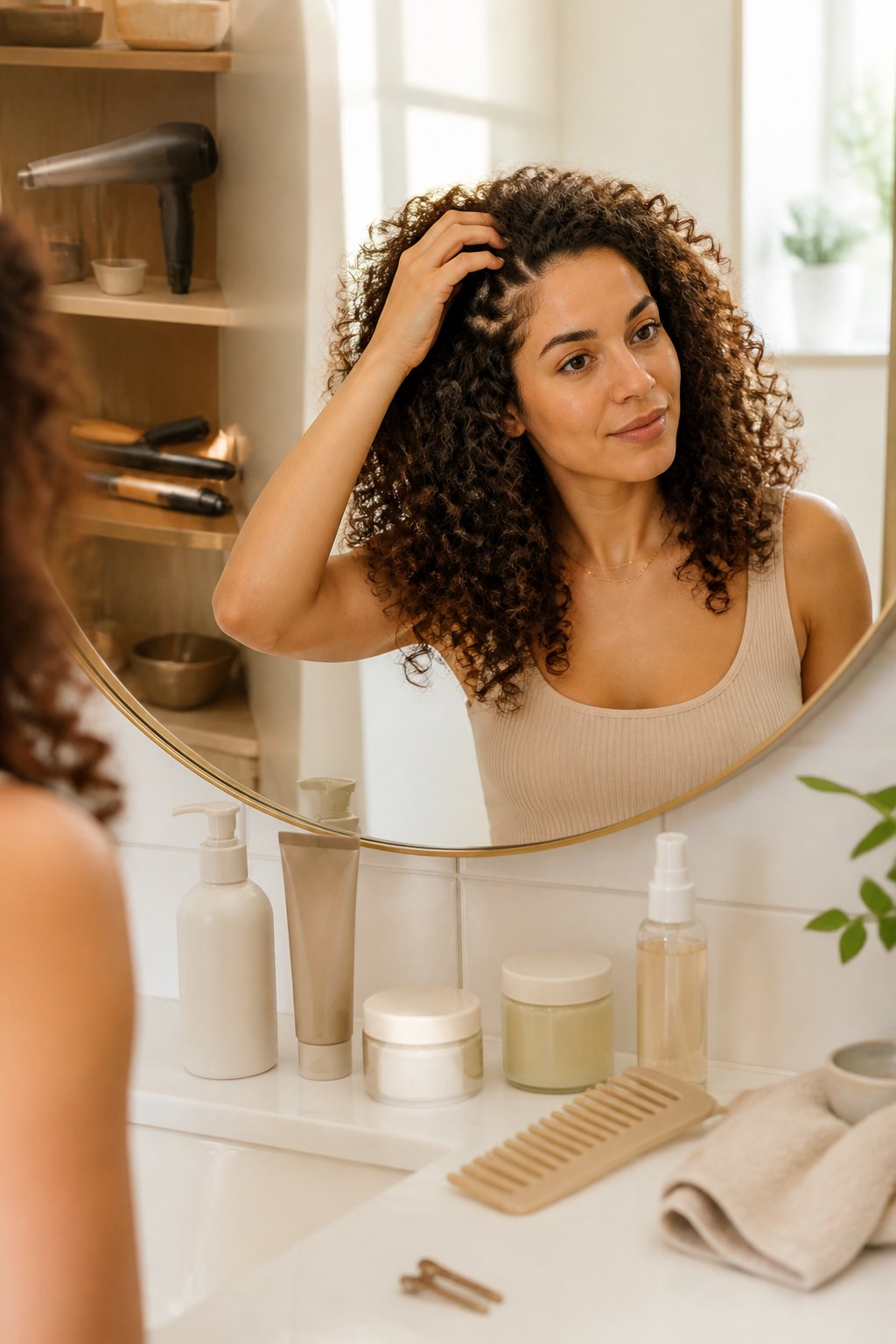 Woman touching healthy curls beside a simple product lineup to avoid overwashing and overstyling.