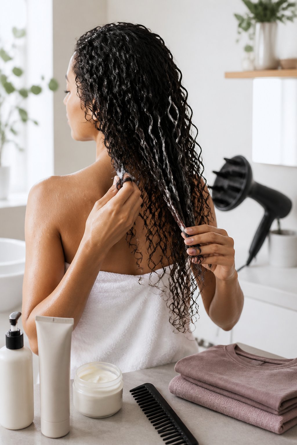 Woman treating rough, dull curls with moisturizing products and gentle detangling.